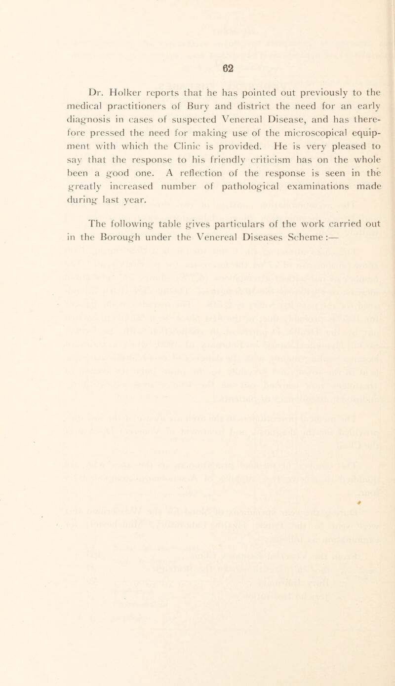 Dr, Holker reports that he has pointed out previously to the medical practitioners of Bury and district the need for an early diagnosis in cases of suspected Venereal Disease, and has there- fore pressed the need for making' use of the microscopical equip- ment with which the Clinic is provided. He is very pleased to say that the response to his friendly criticism has on the whole been a g^ood one. A reflection of the response is seen in the g-reatly increased number of pathological examinations made during last year. The following table gives particulars of the work carried out in the Borough under the Venereal Diseases Scheme:— #