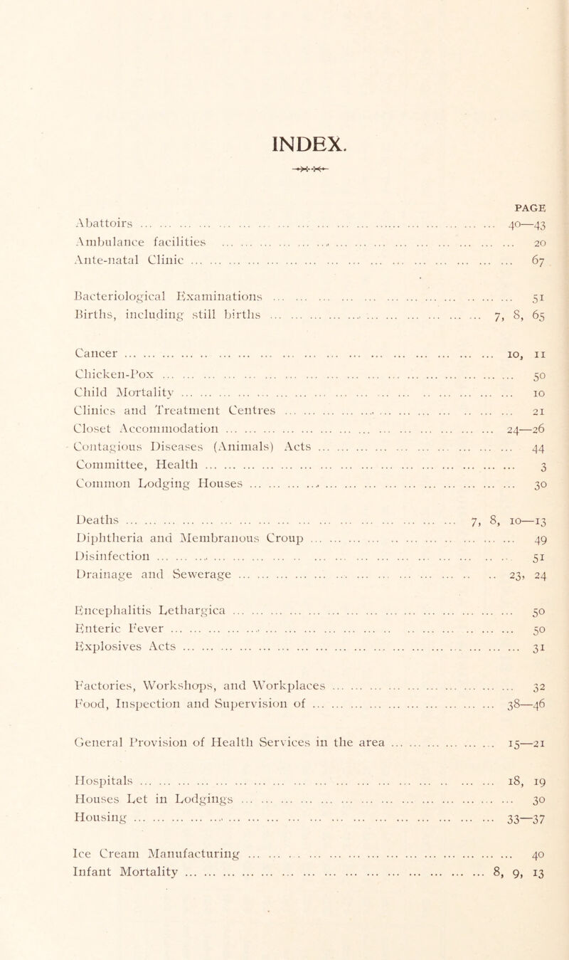 INDEX. PAGE Abattoirs 40—43 Ambulance facilities ... 20 Ante-natal Clinic 67 Bacteriological Examinations 51 Births, including still births ... 7, 8, 65 Cancer 10, ii Chicken-l^ox 50 Child Mortality 10 Clinics and Treatment Centres 21 Closet Accommodation 24—26 Co]itagious Diseases (Animals) Acts 44 Committee, Health 3 Common Dodging Houses 30 Deaths 7, 8, 10—13 Diphtheria and Membranous Croup 49 Disinfection 51 Drainage and Sewerage 23, 24 Encephalitis Dethargica 50 Enteric Fever 50 Explosives Acts 31 T'actories, Workshops, and Workplaces 32 Food, Inspection and Supervision of 38—46 General Provision of Health Services in the area 15—21 Hospitals 18, 19 Houses Det in Lodgings 30 Housing 33—37 Ice Cream Manufacturing 40