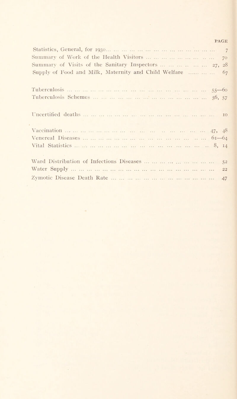 PAGE Statistics, General, for 1930 7 Summary of Work of the Health Visitors 70 Summary of Visits of the Sanitar}' Inspectors ... 27, 28 vSupply of Food and Milk, Maternity and Child Welfare 67 Tuberculosis 55—60 Tuberculosis Schemes 56, 57 Fncertilied deaths 10 Vaccination 47, 48 Venereal Diseases 61—64 Vital Statistics 8, 14 Ward Distribution of Infectious Diseases 52 Water Supply 22 Z3anotic Disease Death Rate 47