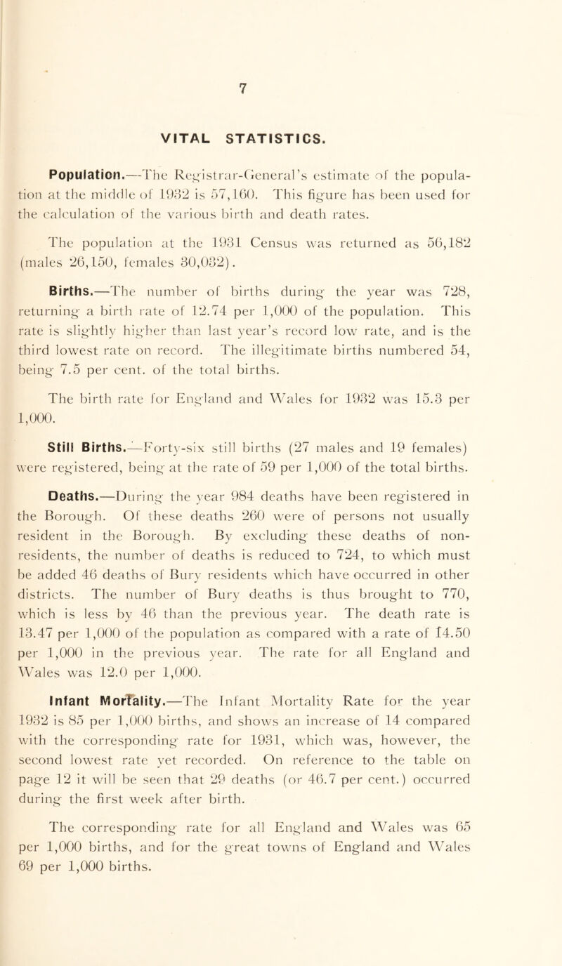 VITAL STATISTICS. Population.—'Fhe Rci^istrar-Cieneral’s estimate of the popula- tion at the middle of 11)8*2 is r)7,lh(). This figure has been used for the calculation of the various hii'th and death rates. The population at the 1931 Census was returned as 56,182 (males 26,150, females 80,082). Births.—The number of births during the year was 728, returning a birth rate of 12.74 per 1,000 of the population. This rate is slightly higher than last year’s record low rate, and is the third lowest rate on record. The illegitimate births numbered 54, being 7.5 per cent, of the total births. The birth rate for England and Wales for 1982 was 15.3 per 1,000. Still Births.—] ^orty-six still births (27 males and 19 females) were registered, being at the rate of 59 per 1,000 of the total births. Deaths.—During the year 984 deaths have been registered in the Borough. Of these deaths 260 w'ere of persons not usually resident in the Borough. By excluding these deaths of non- residents, the number of deaths is reduced to 724, to which must be added 46 deaths of Burv residents which have occurred in other districts. The number of Bury deaths is thus brought to 770, which is less by 46 than the previous year. The death rate is 13.47 per 1,000 of the population as compared with a rate of 14.50 per 1,000 in the previous year. The rate for all England and Wales was 12.0 per 1,000. Infant IVIorTality.—The Infant Mortality Rate for the year 1982 is 85 per 1,000 births, and shows an increase of 14 compared with the corresponding rate for 1931, which was, however, the second lowest rate yet recorded. On reference to the table on page 12 it will be seen that 29 deaths (or 46.7 per cent.) occurred during the first week after birth. The corresponding rate for all England and Wales was 65 per 1,000 births, and for the great towns of England and Wales 69 per 1,000 births.