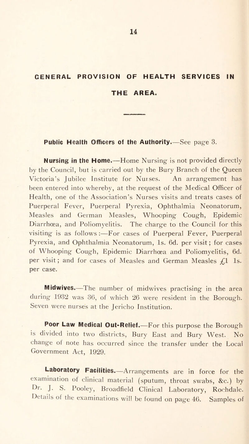 GENERAL PROVISION OF HEALTH SERVICES IN THE AREA. Public Health Officers of the Authority.—See page 3. Nursing in the Home.—Home Nursing is not provided directly by the Council, but is carried out by the Bury Branch of the Queen Victoria’s Jubilee Institute for Nurses. An arrangement has been entered into whereby, at the request of the Medical Officer of Health, one of the Association’s Nurses visits and treats cases of Puerperal Fever, Puerperal Pyrexia, Ophthalmia Neonatorum, Measles and German Measles, Whooping Cough, Epidemic f Diarrhoea, and Poliomyelitis. The charge to the Council for this visiting is as follows:—For cases of Puerperal Fever, Puerperal Pyrexia, and Ophthalmia Neonatorum, Is. 6d. per visit; for cases of Whooping Cough, Epidemic Diarrhoea and Poliomyelitis, 6d. per visit; and for cases of Measles and German Measles £1 Is. per case. Midwives.—The number of midwives practising in the area during 1932 was 36, of which 26 were resident in the Borough. Seven were nurses at the Jericho Institution. Poor Law Medical Out-Relief.—For this purpose the Borough is divided into two districts. Bury East and Bury West. No change of note has occurred since the transfer under the Local Government Act, 1929. Laboratory Facilities.—Arrangements are in force for the examination of clinical material (sputum, throat swabs, &c.) by Dr. J, S. Pooley, Broadfield Clinical Laboratory, Rochdale. Details of the examinations will be lound on page 46. Samples of