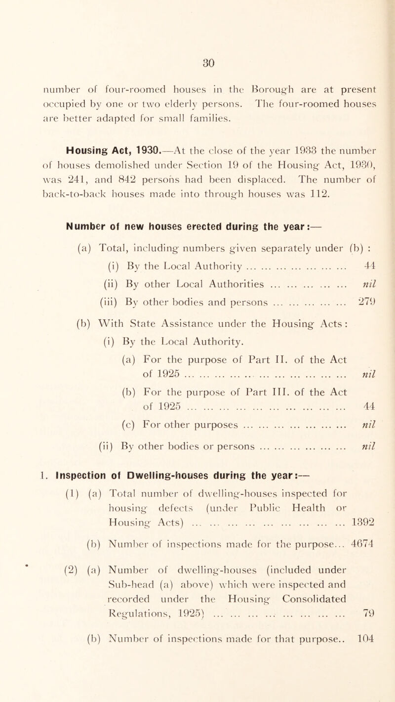 number of four-roomed houses in the Borough are at present occupied by one or two elderly persons. T he four-roomed houses are better adapted lor small families. Housing Act, 1930 .—At the close of the year 1933 the number of houses demolished under Section 19 of the Housing Act, 1930, was 241, and 842 persons had been displaced. The number of back-to-back houses made into through houses was 112. Number of new houses erected during the year:— (a) Total, including numbers given separately under (b) : (i) By the Local Authority 44 (ii) By other Local Authorities nil (iii) By other bodies and persons 279 (b) With State Assistance under the Housing Acts : (i) By the Local Authority. (a) For the purpose of Part II. of the Act of 1925 nil (b) For the purpose of Part III. of the Act of 1925 44 (c) For other purposes nil (ii) By other bodies or persons nil 1. Inspection of Dwelling-houses during the year:— (1) (a) Total number of dwelling-houses inspected for housing defects (under Public Health or Housing Acts) 1392 (b) Number of inspections made for the purpose... 4674 (2) (a) Number of dwelling-houses (included under Sub-head (a) above) which were inspected and recorded under the Housing Consolidated Regulations, 1925) 79 (b) Number of inspections made for that purpose.. 104