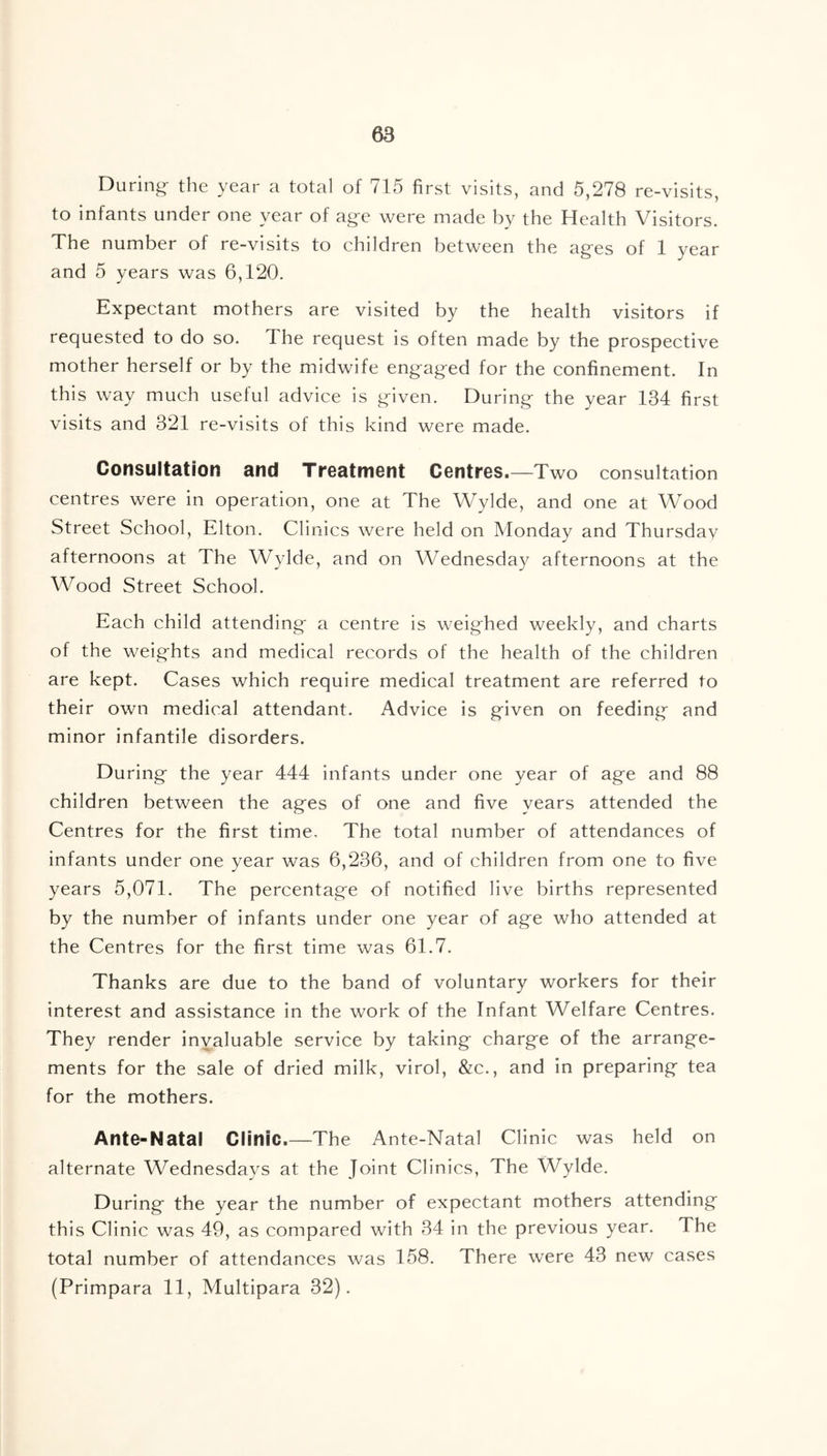 During the year a total of 715 first visits, and 5,278 re-visits, to infants under one year of age were made by the Health Visitors. The number of re-visits to children between the ages of 1 year and 5 years was 6,120. Expectant mothers are visited by the health visitors if requested to do so. The request is often made by the prospective mother herself or by the midwife engaged for the confinement. In this way much useful advice is given. During the year 134 first visits and 321 re-visits of this kind were made. Consultation and Treatment Centres.—Two consultation centres were in operation, one at The Wylde, and one at Wood Street School, Elton. Clinics were held on Monday and Thursday afternoons at The Wylde, and on Wednesday afternoons at the Wood Street School. Each child attending a centre is weighed weekly, and charts of the weights and medical records of the health of the children are kept. Cases which require medical treatment are referred to their own medical attendant. Advice is given on feeding and minor infantile disorders. During the year 444 infants under one year of age and 88 children between the ages of one and five years attended the Centres for the first time. The total number of attendances of infants under one year was 6,236, and of children from one to five years 5,071. The percentage of notified live births represented by the number of infants under one year of age who attended at the Centres for the first time was 61.7. Thanks are due to the band of voluntary workers for their interest and assistance in the work of the Infant Welfare Centres. They render inyaluable service by taking charge of the arrange- ments for the sale of dried milk, virol, &c., and in preparing tea for the mothers. Ante-Natal Clinic.—The Ante-Natal Clinic was held on alternate Wednesdays at the Joint Clinics, The Wylde. During the year the number of expectant mothers attending this Clinic was 49, as compared with 34 in the previous year. The total number of attendances was 158. There were 43 new cases (Primpara 11, Multipara 32).