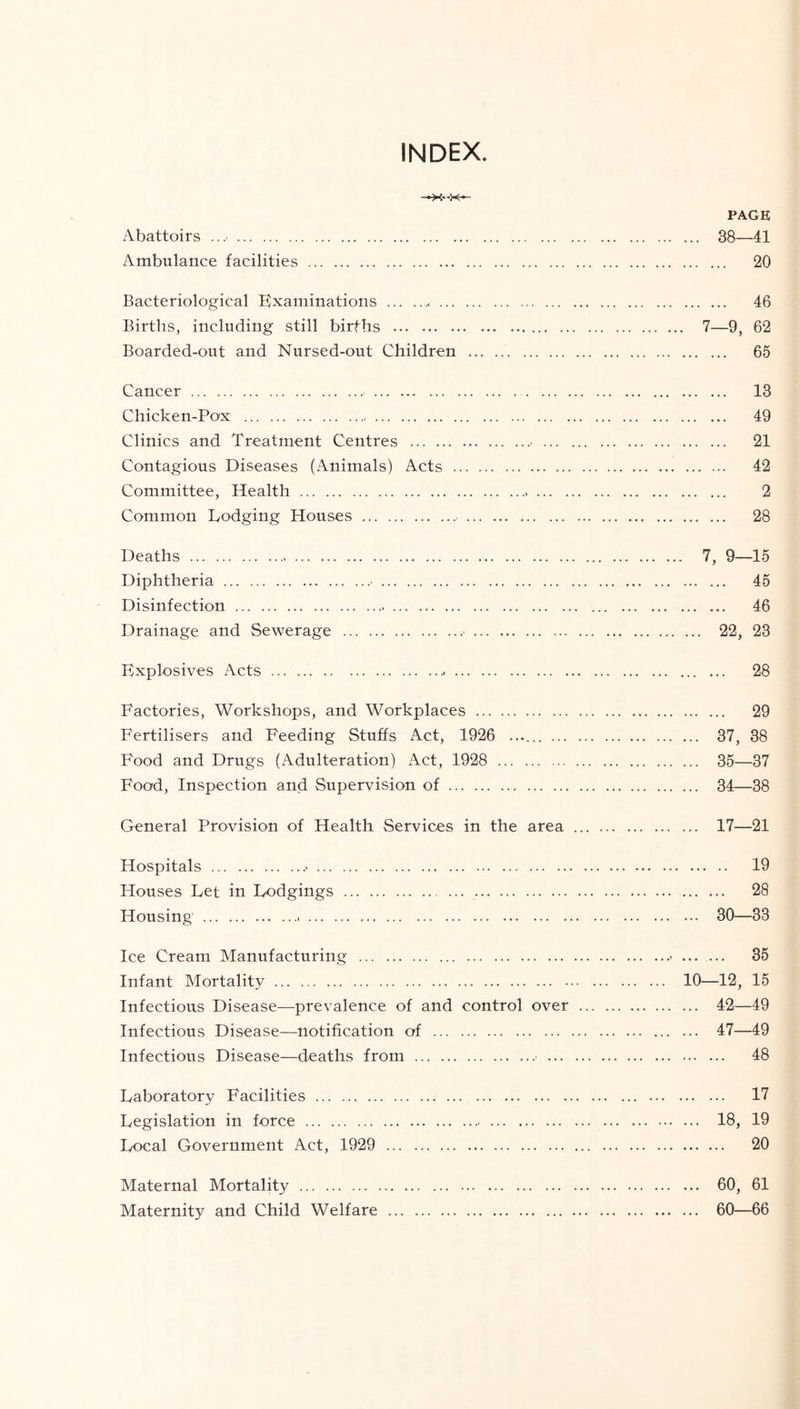 INDEX. —x--x— PAGE Abattoirs 38—41 Ambulance facilities 20 Bacteriological Examinations 46 Births, including still births 7—9, 62 Boarded-out and Nursed-out Children 65 Cancer 13 Chicken-Pox 49 Clinics and Treatment Centres • 21 Contagious Diseases (Animals) Acts 42 Committee, Health 2 Common Lodging Houses 28 Deaths 7, 9—15 Diphtheria • ... 45 Disinfection 46 Drainage and Sewerage ■ 22, 23 Explosives Acts .. 28 Factories, Workshops, and Workplaces 29 Fertilisers and Feeding Stuffs Act, 1926 37, 38 Food and Drugs (Adulteration) Act, 1928 35—37 Food, Inspection and Supervision of 34—38 General Provision of Health Services in the area 17—21 Hospitals 19 Houses Let in Lodgings 28 Housing 30—33 Ice Cream Manufacturing 35 Infant Mortality 10—12, 15 Infectious Disease—prevalence of and control over 42—49 Infectious Disease—notification of 47—49 Infectious Disease—deaths from • 48 Laboratory Facilities 17 Legislation in force 18, 19 Local Government Act, 1929 20 Maternal Mortality 60, 61 Maternity and Child Welfare 60—66