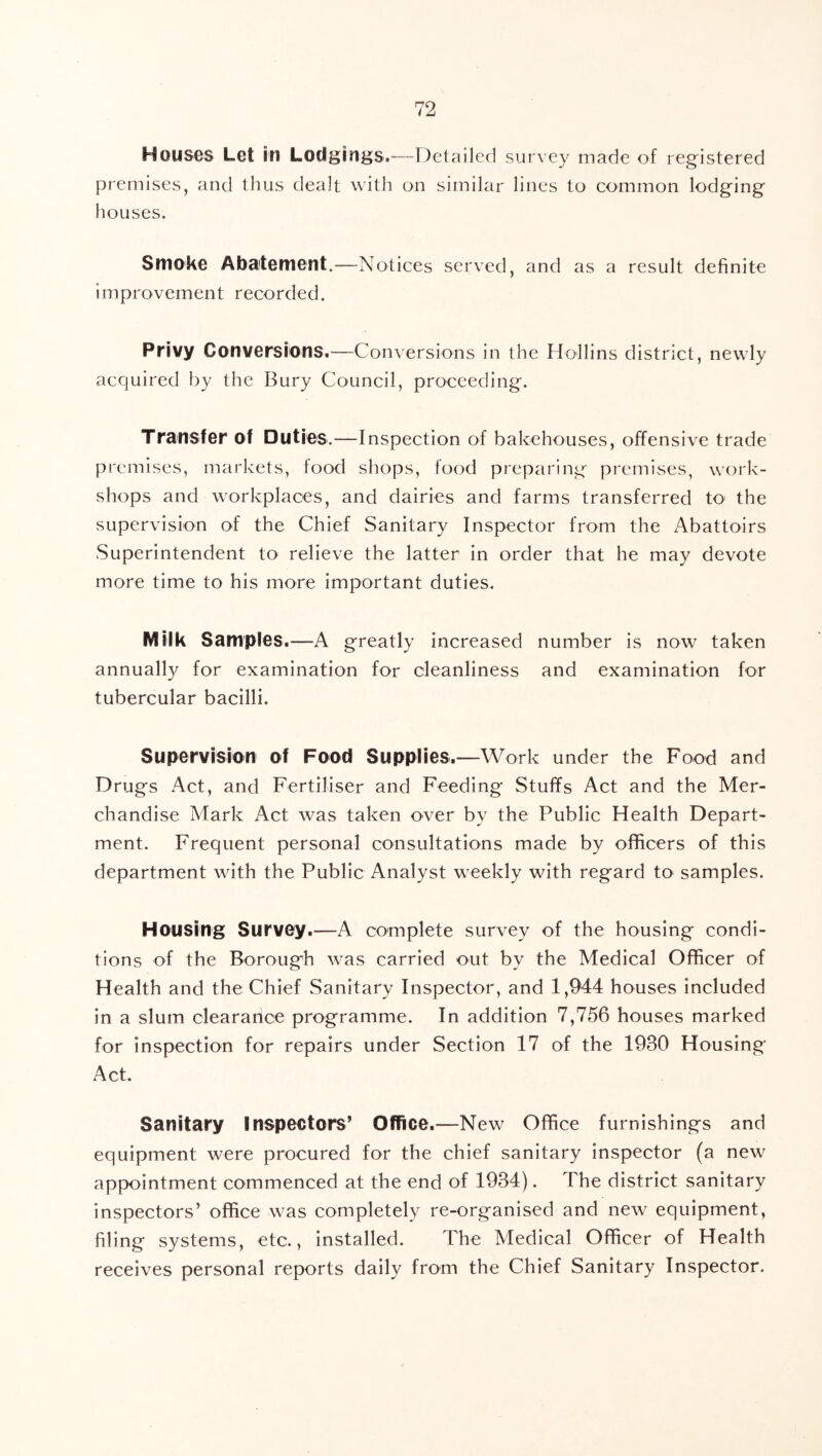 Houses Let in Lodgings.—Detailed survey made of registered premises, and thus dealt with on similar lines to common lodging houses. Smoke Abatement.—Notices served, and as a result definite improvement recorded. Privy Conversions.—Conversions in the Hollins district, newly acquired by the Bury Council, proceeding. Transfer of Duties.—Inspection of bakehouses, offensive trade premises, markets, food shops, food preparing premises, work- shops and workplaces, and dairies and farms transferred to- the supervision of the Chief Sanitary Inspector from the Abattoirs Superintendent to relieve the latter in order that he may devote more time to his more important duties. Milk Samples.—A greatly increased number is now taken annually for examination for cleanliness and examination for tubercular bacilli. Supervision of Food Supplies.—Work under the Food and Drugs Act, and Fertiliser and Feeding Stuffs Act and the Mer- chandise Mark Act was taken over by the Public Health Depart- ment. Frequent personal consultations made by officers of this department with the Public Analyst weekly with regard tO' samples. Housing Survey.—A complete survey of the housing condi- tions of the Borough was carried out by the Medical Officer of Health and the Chief Sanitary Inspector, and 1,944 houses included in a slum clearance programme. In addition 7,756 houses marked for inspection for repairs under Section 17 of the 1930 Housing Act. Sanitary Inspectors’ Office.—New Office furnishings and equipment were procured for the chief sanitary inspector (a new appointment commenced at the end of 1934). The district sanitary inspectors’ office was completely re-organised and new equipment, filing systems, etc., installed. The Medical Officer of Health receives personal reports daily from the Chief Sanitary Inspector.