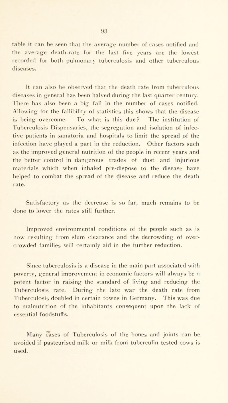 table it can be seen that the average number of cases notified and the average death-rate for the last five years are the lowest recorded for both pulmonary tuberculosis and other tuberculous diseases. It can also be observed that the deatli rate from tuberculous diseases in ^'^eneral has been halved during the last quarter century. There has also been a big* fall in the number of cases notified. Allowing' for the fallibility of statistics this shows that the disease is being- overcome. To what is this due? The institution of rubercLilosis Dispensaries, the seg^regation and isolation of infec- tive patients in sanatoria and hospitals to limit the spread of the infection have played a part in the reduction. Other factors such as the improved general nutrition of the people in recent years and the better control in dangerous trades of dust and injurious materials which when inhaled pre-dispose to the disease have helped to combat the spread of the disease and reduce the death rate. Satisfactory as the decrease is so far, much remains to be done to lower the rates still further. Improved environmental conditions of the people such as is now resulting from slum clearance and the decrowding of over- crowded families will certainly aid in the further reduction. Since tuberculosis is a disease in the main part associated w'ith povertv, general improvement in economic factors will always be a potent factor in raising the standard of living and reducing the Tuberculosis rate. During the late war the death rate from Tuberculosis doubled in certain towns in Germany. This was due to malnutrition of the inhabitants consequent upon the lack of essential foodstuffs. Many cases of Tuberculosis of the bones and joints can be avoided if pasteurised milk or milk from tuberculin tested cows is used.