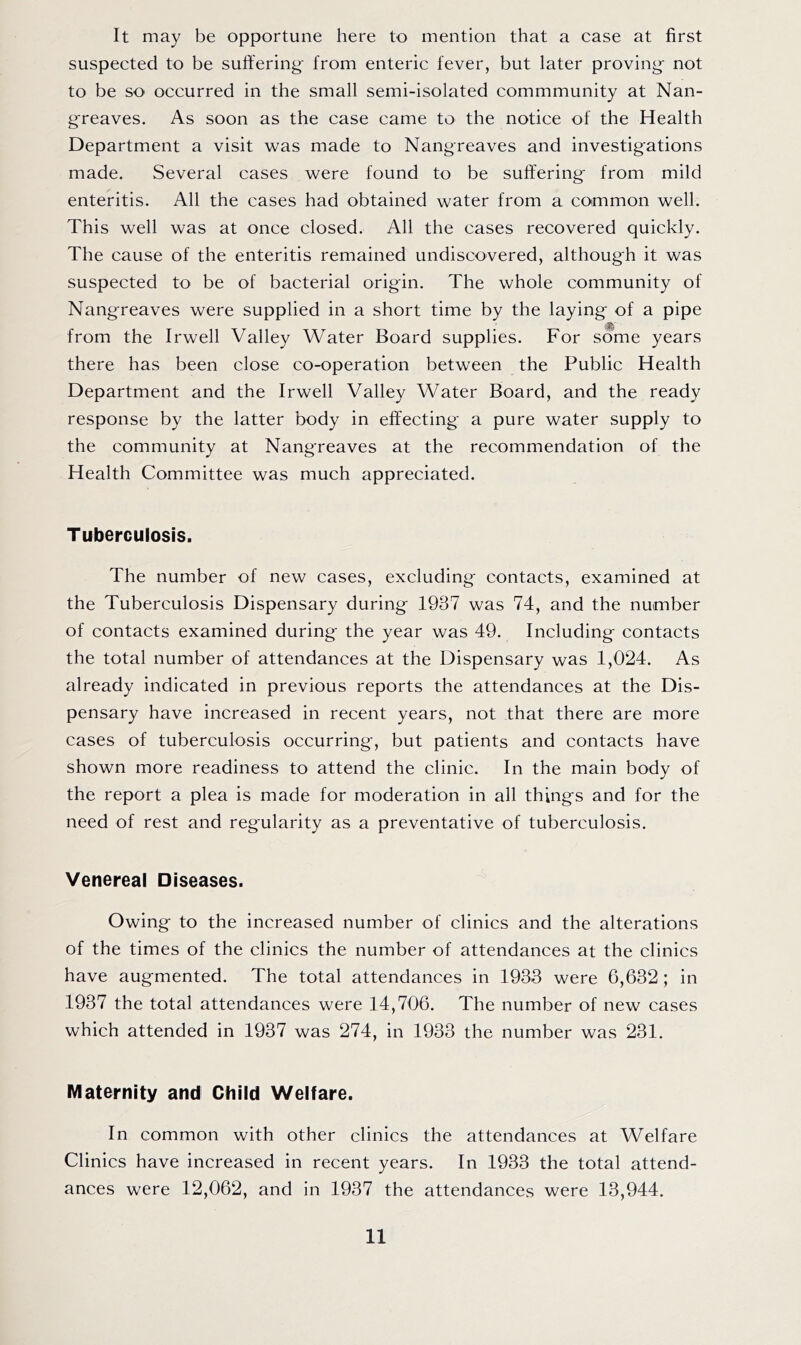 It may be opportune here to mention that a case at first suspected to be suffering from enteric fever, but later proving not to be so occurred in the small semi-isolated commmunity at Nan- greaves. As soon as the case came to the notice of the Health Department a visit was made to Nangreaves and investigations made. Several cases were found to be suffering from mild enteritis. All the cases had obtained water from a common well. This well was at once closed. All the cases recovered quickly. The cause of the enteritis remained undiscovered, although it was suspected to be of bacterial origin. The whole community of Nangreaves were supplied in a short time by the laying of a pipe from the Irwell Valley Water Board supplies. For some years there has been close co-operation between the Public Health Department and the Irwell Valley Water Board, and the ready response by the latter body in effecting a pure water supply to the community at Nangreaves at the recommendation of the Health Committee was much appreciated. Tuberculosis. The number of new cases, excluding contacts, examined at the Tuberculosis Dispensary during 1937 was 74, and the number of contacts examined during the year was 49. Including contacts the total number of attendances at the Dispensary was 1,024. As already indicated in previous reports the attendances at the Dis- pensary have increased in recent years, not that there are more cases of tuberculosis occurring, but patients and contacts have shown more readiness to attend the clinic. In the main body of the report a plea is made for moderation in all things and for the need of rest and regularity as a preventative of tuberculosis. Venereal Diseases. Owing to the increased number of clinics and the alterations of the times of the clinics the number of attendances at the clinics have augmented. The total attendances in 1933 were 6,632; in 1937 the total attendances were 14,706. The number of new cases which attended in 1937 was 274, in 1933 the number was 231. Maternity and Child Welfare. In common with other clinics the attendances at Welfare Clinics have increased in recent years. In 1933 the total attend- ances were 12,062, and in 1937 the attendances were 13,944.