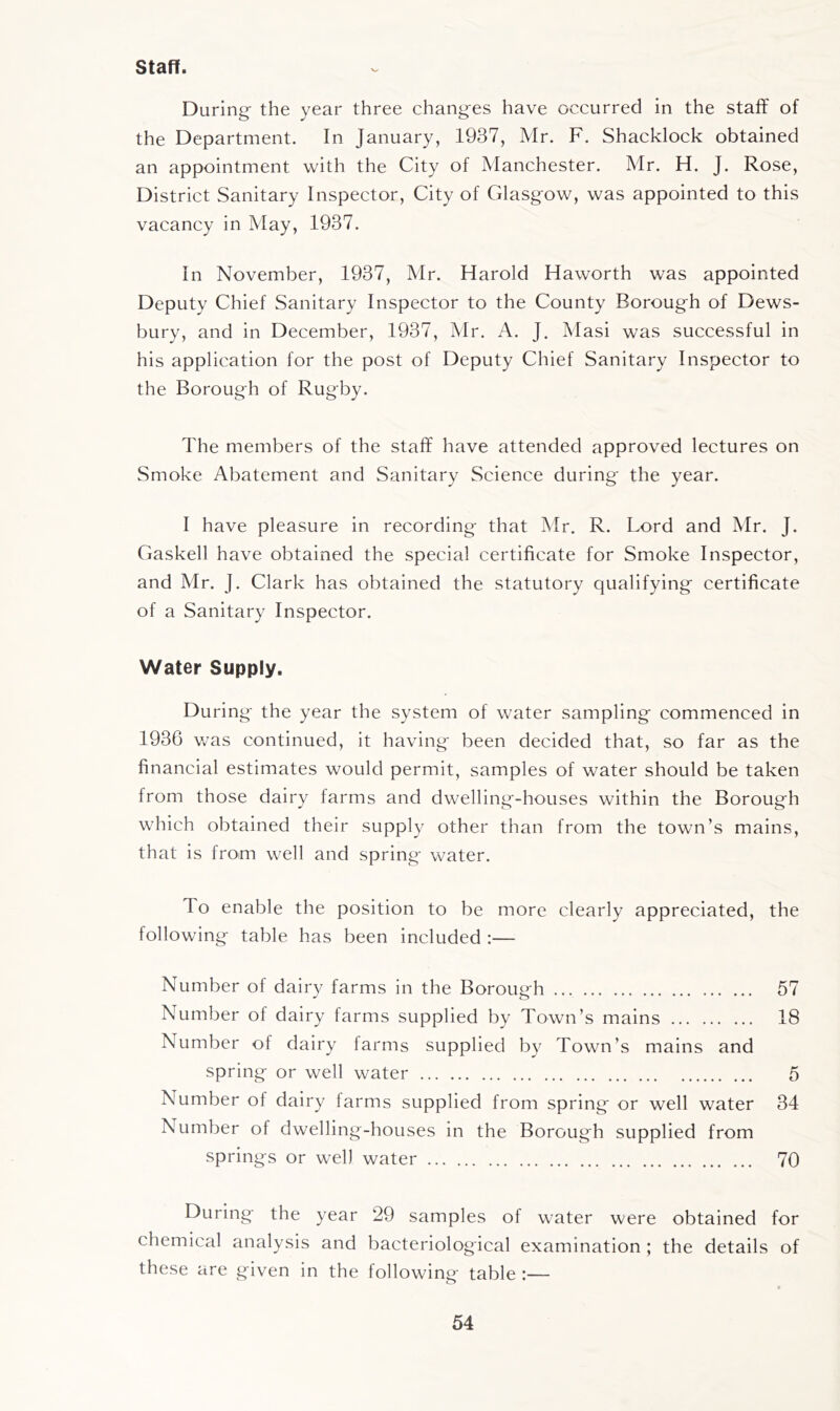 staff. During the year three changes have occurred in the staff of the Department. In January, 1937, Mr. F. Shacklock obtained an appointment with the City of Manchester. Mr. H. J. Rose, District Sanitary Inspector, City of Glasgow, was appointed to this vacancy in May, 1937. In November, 1937, Mr. Harold Haworth was appointed Deputy Chief Sanitary Inspector to the County Borough of Dews- bury, and in December, 1937, Mr. A. J. Masi was successful in his application for the post of Deputy Chief Sanitary Inspector to the Borough of Rugby. The members of the staff have attended approved lectures on Smoke Abatement and Sanitary Science during the year. I have pleasure in recording that Mr. R. Lord and Mr. J. Gaskell have obtained the special certificate for Smoke Inspector, and Mr. J. Clark has obtained the statutory qualifying certificate of a Sanitary Inspector. Water Supply. During the year the system of water sampling commenced in 1936 Vvas continued, it having been decided that, so far as the financial estimates would permit, samples of water should be taken from those dairy farms and dwelling-houses within the Borough which obtained their supply other than from the town’s mains, that is from well and spring water. To enable the position to be more clearly appreciated, the following table has been included :— Number of dairy farms in the Borough 57 Number of dairy farms supplied by Town’s mains 18 Number of dairy farms supplied by Town’s mains and spring or well water 5 Number of dairy farms supplied from spring or well water 34 Number of dwelling-houses in the Borough supplied from springs or well water 70 During the year 29 samples of water were obtained for chemical analysis and bacteriological examination ; the details of these are given in the following table ;—
