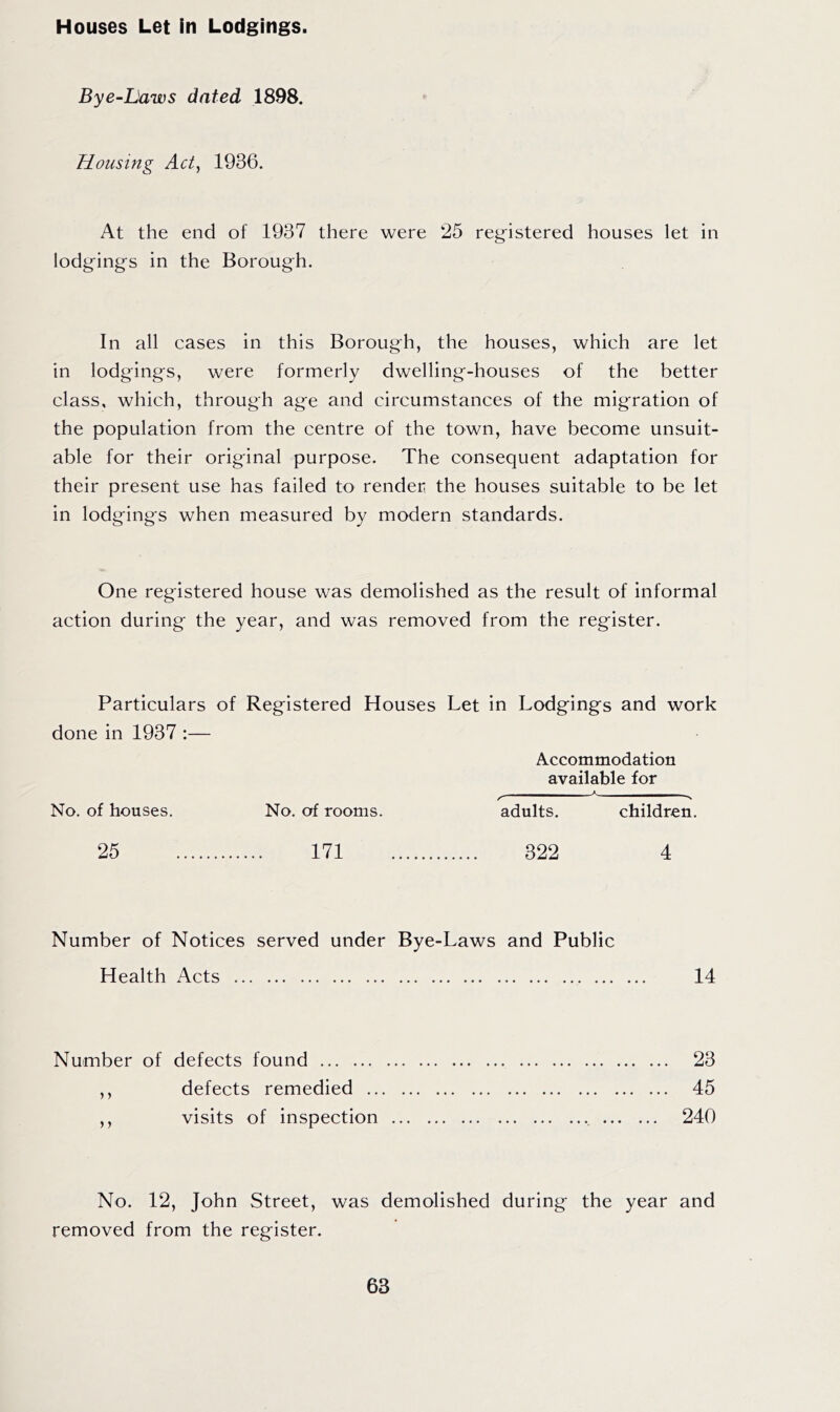 Houses Let in Lodgings. Bye-Lkiws dated 1898. Housing Acty 1936. At the end of 1937 there were 25 registered houses let in lodgings in the Borough. In all cases in this Borough, the houses, which are let in lodgings, were formerly dwelling-houses of the better class, which, through age and circumstances of the migration of the population from the centre of the town, have become unsuit- able for their original purpose. The consequent adaptation for their present use has failed to render the houses suitable to be let in lodgings when measured by modern standards. One registered house was demolished as the result of informal action during the year, and was removed from the register. Particulars of Registered Houses Let in Lodgings and work done in 1937 :— Accommodation available for No. of houses. No. of rooms. adults. children. 25 171 322 4 Number of Notices served under Bye-Laws and Public Health Acts 14 Number of defects found 23 ,, defects remedied 45 ,, visits of inspection , 240 No. 12, John Street, was demolished during the year and removed from the register.