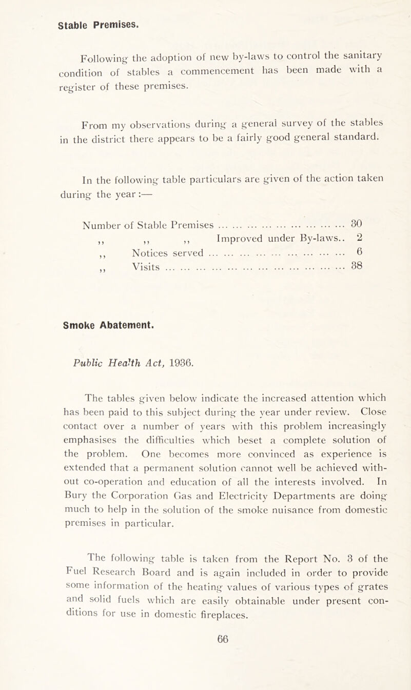 stable Premises. Following the adoption of new by-laws to control the sanitary condition of stables a commencement has been made with a register of these premises. From my observations during a general survey of the stables in the district there appears to be a fairly good general standard. In the following table particulars are given of the action taken during the year :— Number of Stable Premises 30 ,, ,, ,, Improved under By-laws.. 2 ,, Notices served 6 ,, Visits 38 Smoke Abatement. Public Health Act, 1936. The tables given below indicate the increased attention which has been paid to this subject during the year under review. Close contact over a number of years with this problem increasingly emphasises the difficulties which beset a complete solution of the problem. One becomes more convinced as experience is extended that a permanent solution cannot well be achieved with- out co-operation and education of all the interests involved. In Bury the Corporation Gas and Electricity Departments are doing much to help in the solution of the smoke nuisance from domestic premises in particular. The following table is taken from the Report No. 3 of the Fuel Research Board and is again included in order to provide some information of the heating values of various types of grates and solid fuels which are easily obtainable under present con- ditions for use in domestic fireplaces.