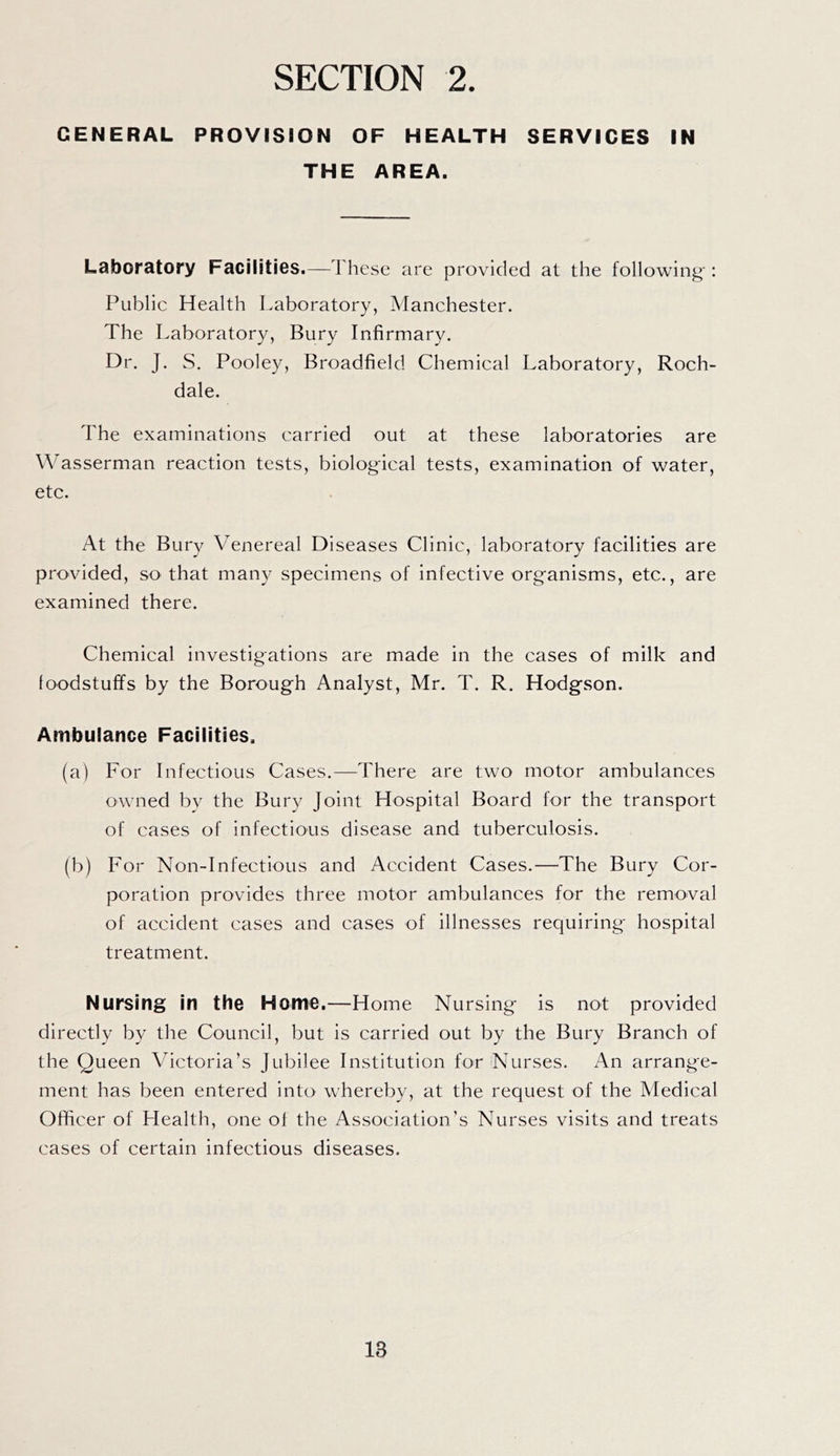 GENERAL PROVISION OF HEALTH SERVICES IN THE AREA. Laboratory Facilities.—1 hese are provided at the following': Public Health Laboratory, Manchester. The Laboratory, Bury Infirmary. Dr. J. S. Pooley, Broadfield Chemical Laboratory, Roch- dale. The examinations carried out at these laboratories are Wasserman reaction tests, biological tests, examination of water, etc. At the Bury Venereal Diseases Clinic, laboratory facilities are provided, so that many specimens of infective org-anisms, etc., are examined there. Chemical investigations are made in the cases of milk and foodstuffs by the Borough Analyst, Mr. T. R. Hodgson. Ambulance Facilities. (a) For Infectious Cases.—There are two motor ambulances owned by the Bury Joint Hospital Board for the transport of cases of infectious disease and tuberculosis. (b) For Non-Infectious and Accident Cases.—The Bury Cor- poration provides three motor ambulances for the removal of accident cases and cases of illnesses requiring hospital treatment. Nursing in the Home,—Home Nursing* is not provided directly by the Council, but is carried out by the Bury Branch of the Queen Victoria’s Jubilee Institution for Nurses. An arrange- ment has been entered into whereby, at the request of the Medical Officer of Health, one ol the Association’s Nurses visits and treats cases of certain infectious diseases.