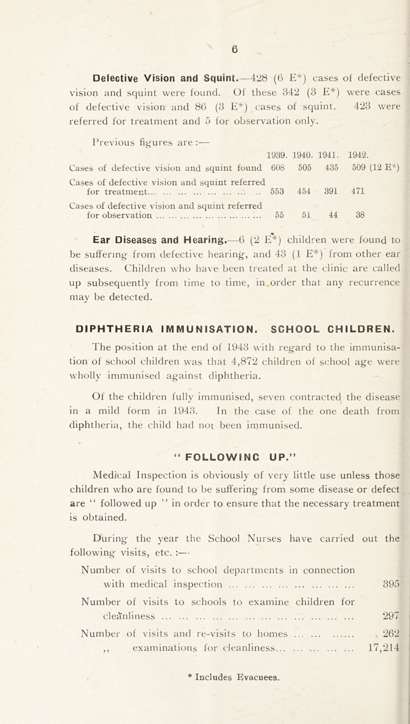 Defective Vision and Squint.—428 (6 E*) cases of defective vision and squint were found. Of these 342 (3 E*) were cases of defective vision and 86 (3 E*) cases of squint. 423 were referred for treatment and 5 for observation only. Previous figures are :— 1939. 1940. 1941. 1942. Cases of defective vision and squint found 608 505 435 509 (12 E*) Cases of defective vision and squint referred for treatment. .. 553 454 391 471 Cases of defective vision and squint referred for observation. 55 51 44 38 Ear Diseases and Hearing.—6 (2 E*) children were found to be suffering* from defective hearing, and 43 (1 E*) from other ear diseases. Children who have been treated at the clinic are called up subsequently from time to time, in order that any recurrence may be detected. DIPHTHERIA IMMUNISATION. SCHOOL CHILDREN. The position at the end of 1943 with regard to the immunisa¬ tion of school children was that 4,872 children of school age were wholly immunised against diphtheria. Of the children fully immunised, seven contracted the disease in a mild form in 1943. In the case of the one death from diphtheria, the child had not been immunised. “ FOLLOWING UP.” Medical Inspection is obviously of very little use unless those children who are found to be suffering from some disease or defect are ” followed up ” in order to ensure that the necessary treatment is obtained. During the year the School Nurses have carried out the following visits, etc. :— Number of visits to school departments in connection with medical inspection . 395 Number of visits to schools to examine children for cleanliness . 297 Number of visits and re-visits to homes . , 262 ,, examinations for cleanliness. 17,214