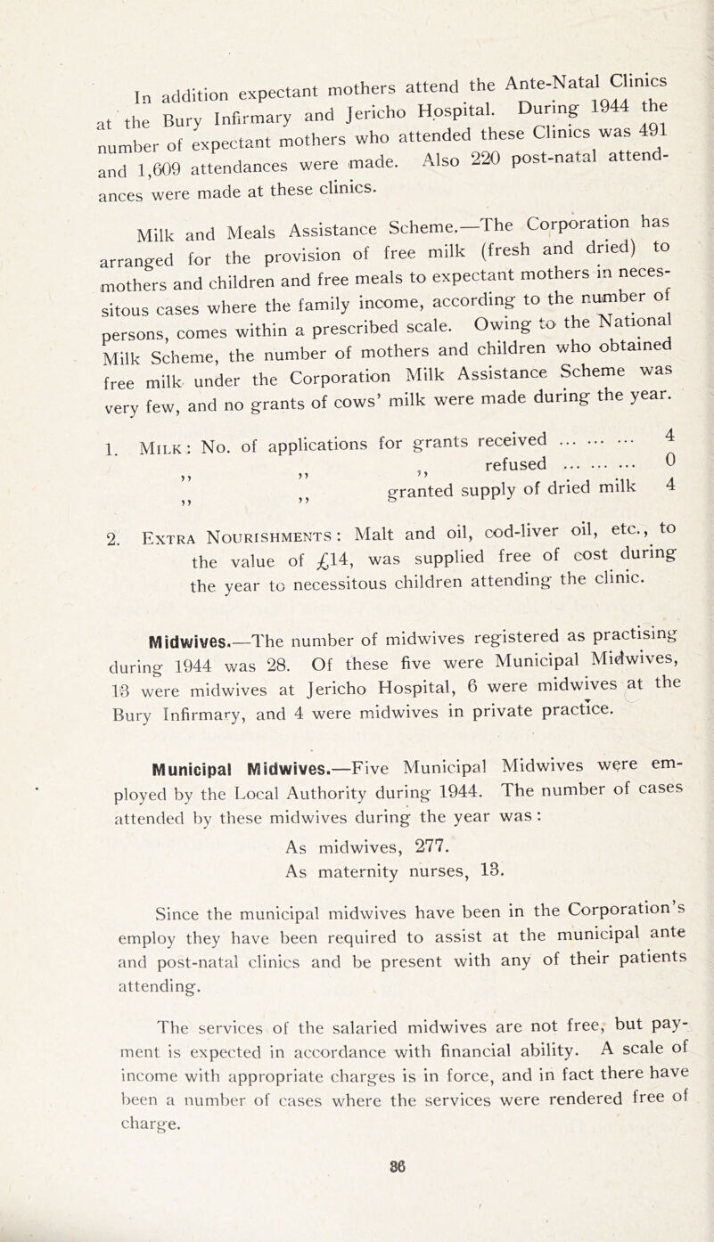 In addition expectant mothers attend the 2''“ at the Bury Infirmary and Jericho ^pspitah uring e number of expectant mothers who attended these Clinics was 491 and 1,609 attendances were made. Also 220 post-natal attend- ances were made at these clinics. Milk and Meals Assistance Scheme.—The Corporation has arranged for the provision of free milk (fresh and dried) to mothers and children and free meals to expectant mothers in neces- sitous cases where the family income, according to the number o persons, comes within a prescribed scale. Owing to the Nationa Milk Scheme, the number of mothers and children who obtained free milk under the Corporation Milk Assistance Scheme was very few, and no grants of cows’ milk were made during the year. 1, Milk : No. of applications for grants received ^ refused ^ g-ranted supply of dried milk 4 2. Kxtra Nourishments I Malt and oil, cod-liver oil, etc., to the value of £U, was supplied free of cost during the year to necessitous children attending the clinic. Midwives.—The number of midwives registered as practising during 1944 was 28. Of these five were Municipal Midwives, 43 were midwives at Jericho Hospital, 6 were midwives at the ▼ Bury Infirmary, and 4 were midwives in private practice. Municipal Midwives.—Five Municipal Midwives were em- ployed by the Local Authority during 1944. The number of cases attended by these midwives during the year was ; As midwives, 277. As maternity nurses, 13. Since the municipal midwives have been in the Corporation s employ they have been required to assist at the municipal ante and post-natal clinics and be present with any of their patients attending. The services of the salaried midwives are not free, but pay- ment is expected in accordance with financial ability. A scale of income with appropriate charges is in force, and in fact there have been a number of cases where the services were rendered free of charge.