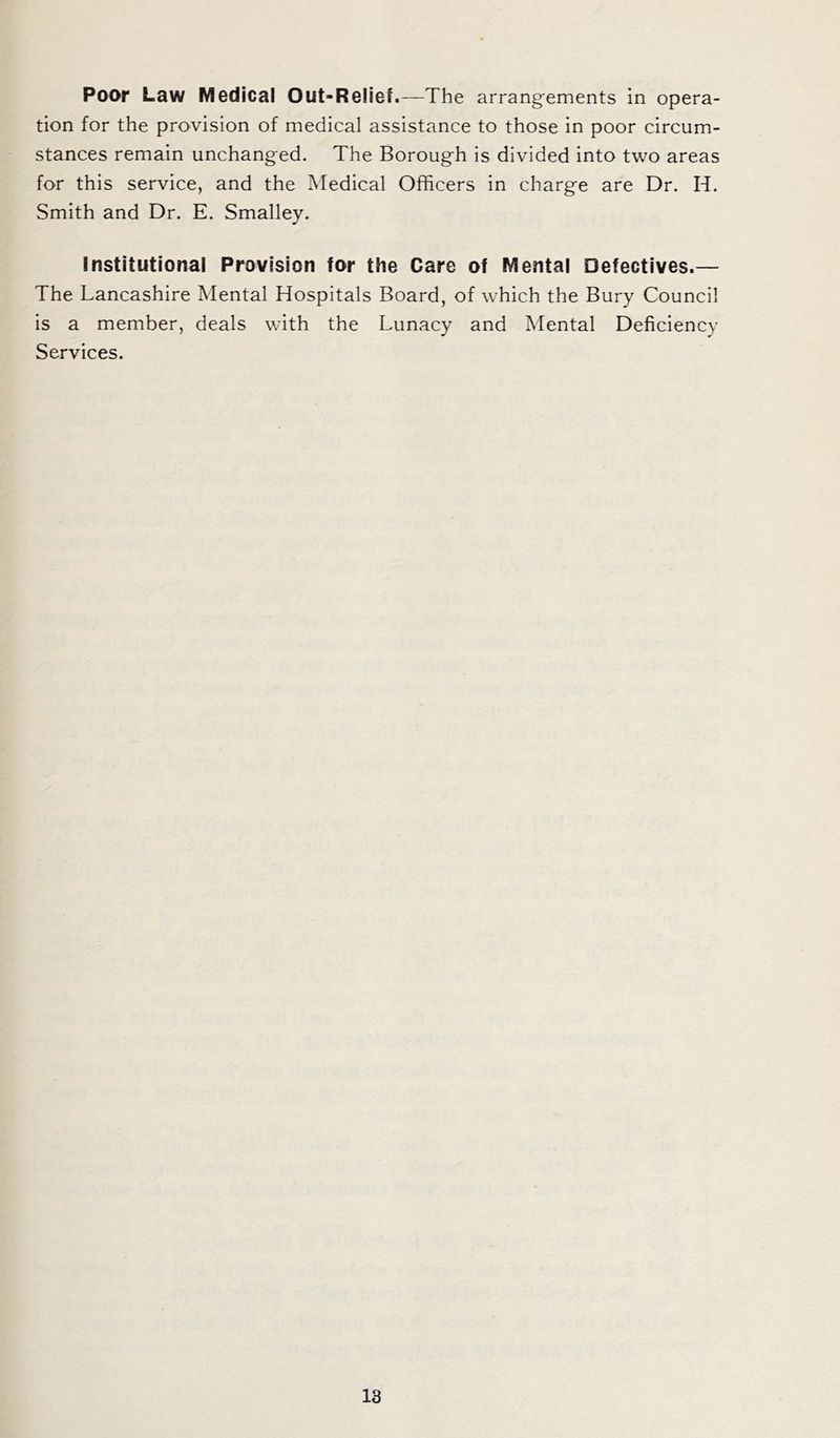 Poor Law Medical Out-Relief.—The arrangements in opera- tion for the provision of medical assistance to those in poor circum- stances remain unchanged. The Borough is divided into two areas for this service, and the Medical Officers in charge are Dr. H. Smith and Dr. E. Smalley. Institutional Provision for the Care of Mental Defectives.— The Lancashire Mental Hospitals Board, of which the Bury Council is a member, deals with the Lunacy and Mental Deficiency Services.