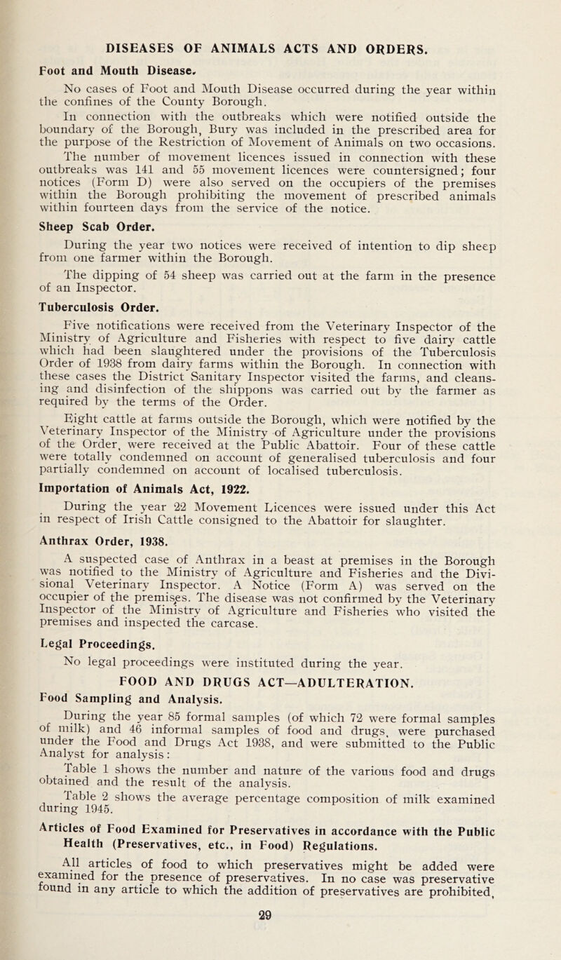 DISEASES OF ANIMALS ACTS AND ORDERS. Foot and Mouth Disease, No cases of Foot and Mouth Disease occurred during the year within the confines of the County Borough. In connection with the outbreaks which were notified outside the boundary of the Borough, Bury was included in the prescribed area for the purpose of the Restriction of Movement of Animals on two occasions. The number of movement licences issued in connection with these outbreaks was 141 and 55 movement licences were countersigned; four notices (Form D) were also served on the occupiers of the premises within the Borough prohibiting the movement of prescribed animals within fourteen days from the service of the notice. Sheep Scab Order. During the year two notices were received of intention to dip sheep from one farmer within the Borough. The dipping of 54 sheep was carried out at the farm in the presence of an Inspector. Tuberculosis Order. Five notifications were received from the Veterinary Inspector of the Ministry of Agriculture and Fisheries with respect to five dairy cattle which had been slaughtered under the provisions of the Tuberculosis Order of 1938 from dairy farms within the Borough. In connection with these cases the District Sanitary Inspector visited the farms, and cleans- ing and disinfection of the shippons was carried out by the farmer as required by the terms of the Order. Eight cattle at farms outside the Borough, which were notified by the Veterinary Inspector of the Ministry of Agriculture under the provisions of the Order, were received at the Public Abattoir. Four of these cattle were totally condemned on account of generalised tuberculosis and four partially condemned on account of localised tuberculosis. Importation of Animals Act, 1922. During the year 22 Movement Licences were issued under this Act in respect of Irish Cattle consigned to the Abattoir for slaughter. Anthrax Order, 1938. A suspected case of Anthrax in a beast at premises in the Borough was notified to the Ministry of Agriculture and Fisheries and the Divi- sional Veterinary Inspector. A Notice (Form A) was served on the occupier of the premisses. The disease was not confirmed by the Veterinary Inspector of the Ministry of Agriculture and Fisheries who visited the premises and inspected the carcase. Legal Proceedings. No legal proceedings were instituted during the year. FOOD AND DRUGS ACT—ADULTERATION. Food Sampling and Analysis. During the year 85 formal samples (of which 72 were formal samples of milk) and 46 informal samples of food and drugs, were purchased under the Food and Drugs Act 1938, and were submitted to the Public Analyst for analysis: Table 1 shows the number and nature of the various food and drugs obtained and the result of the analysis. Table 2 shows the average percentage composition of milk examined during 1945. Articles of Food Examined for Preservatives in accordance with the Public Health (Preservatives, etc., in Food) Regulations. All articles of food to which preservatives might be added were examined for the presence of preservatives. In no case was preservative found in any article to which the addition of preservatives are prohibited,
