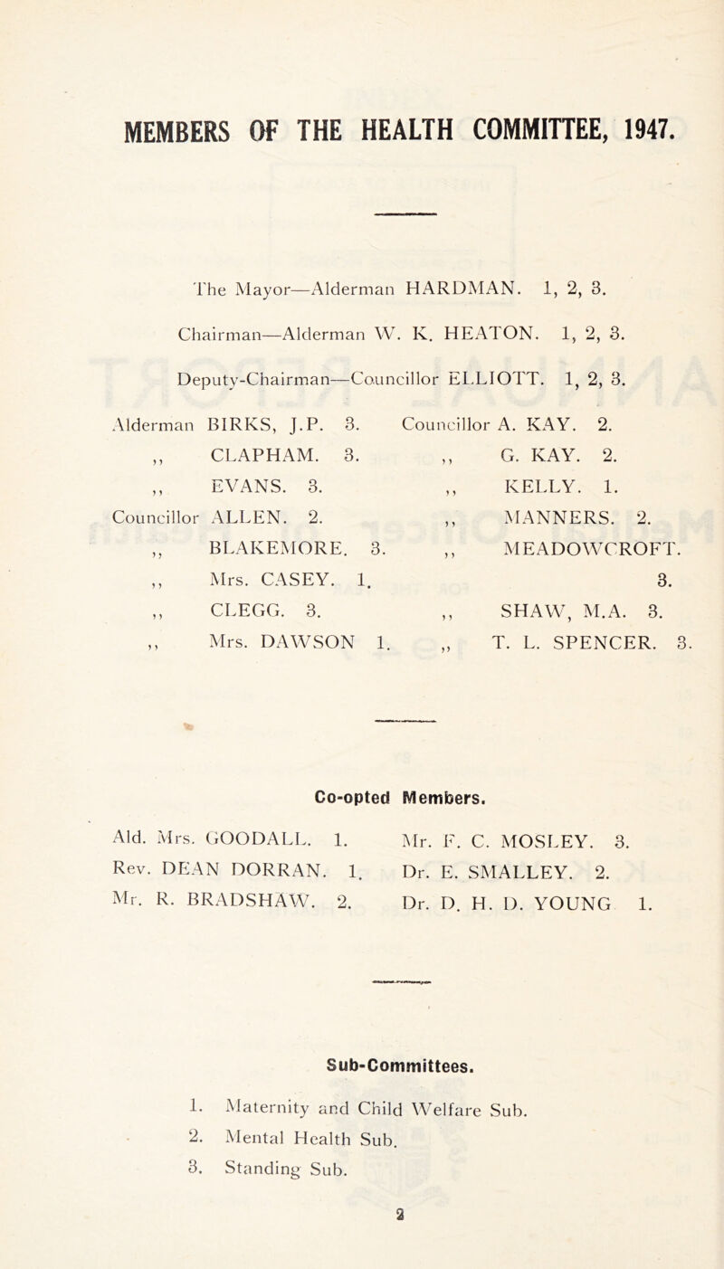 MEMBERS OF THE HEALTH COMMITTEE, 1947. The Mayor—Alderman HARDMAN. 1, 2, 3. Chairman—Alderman W. K. HEATON. 1, 2, 3. Deputy-Chairman—Councillor ELLIOTT. 1, 2, 3. Alderman BIRKS, J.P. 3. „ CLAPHAM. 3. ,, EVANS. 3. Councillor ALLEN. 2. „ BLAKEMORE. 3. „ Mrs. CASEY. 1. ,, CLEGG. 3. ,, Mrs. DAWSON 1. Councillor A. KAY. 2. ,, G. KAY. 2. ,, KELLY. 1. ,, MANNERS. 2. „ MEADOWCROFT. 3. ,, SHAW, M.A. 3. T. L. SPENCER. 3. Co-opted Members. Aid. Mrs. GOODALL. 1. Rev. DEAN DORRAN. 1. Mr. R. BRADSHAW. 2. Mr. F. C. MOSLEY. 3. Dr. E. SMALLEY. 2. Dr. D. H. D. YOUNG 1. Sub-Committees. 1. Maternity and Child Welfare Sub. 2. Mental Health Sub. 3. Standing Sub.