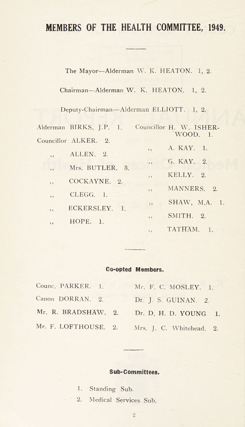 MEMBERS OF THE HEALTH COMMITTEE, 1949. The Mayor—Alderman W. K. HEATON. 1, 2. Chairman—Alderman W. K. HEATON. 1, 2. Deputy-Chairman—Alderman ELLIOTT. 1, 2. Alderman BIRKS, J.P. 1. Councillor H. W. LSHER- *WOOD. 1. Councillor ALKER. 2. ,, A. KAY. 1. ,, ALLEN. 2. G. KAY. 2. ,, Mrs. BUTLER. 3. ,, KELLY. 2. ,, COCKAYNE. 2. ,, MANNERS. 2. ,, CLEGG. 1. ,, SHAW, M.A. 1. ,, ECKERSLEY. 1. ,, SMITH. 2. ,, HOPE. 1. ,, TATHAM. 1. Co-opted Members. Counc. PARKER. 1. Canon DORRAN. 2. Mr. R. BRADSHAW. 2. Mr. F. LOFTHOUSE. 2. Mr. F. C. MOSLEY. 1. Dr. J. S. GUINAN. 2. Dr. D. H. D. YOUNG 1. Mrs. J. C. Whitehead. 2. Sub-Committees. 1. Standing Sub. 2. Medical Services Sub.