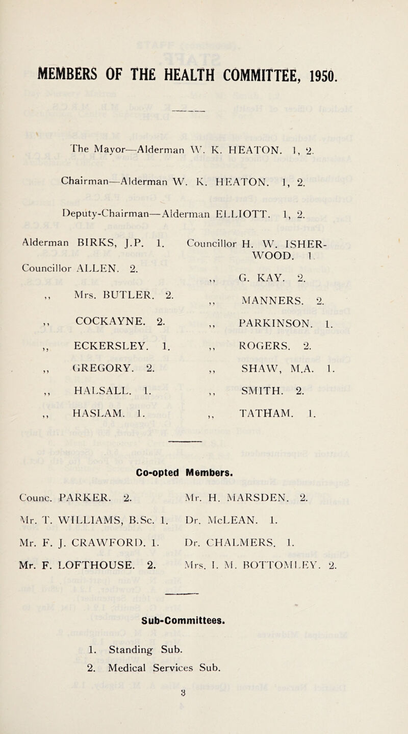 MEMBERS OF THE HEALTH COMMITTEE, 1950 The Mayor—Alderman W. K. HEATON. 1, 2. Chairman—Alderman W. K. HEATON. 1, 2. Deputy-Chairman—Alderman E LLIOTT. 1, 2. Alderman Councillor BIRKS, J.P. 1. Councillor H. W. ISHER- WOOD. T ALLEN. 2. ,, G. KAY. 2. Mrs. BUTLER. 2. y ^ MANNERS. 2. j y COCKAYNE. 2. PARKINSON. 1 ECKERSLEY. 1. ROGERS. 2. (GREGORY. 2. SHAW, M.A. 1 y y HALSALL. 1. SMITH. 2. y y HASLAM. 1. TATHAM. 1. Co-opted Members. Counc. PARKER. 2. Mr. H. MARSDEN. 2. Mr. T. WILLIAMS, B.Sc. 1. Dr. McLEAN. 1. Mr. F. J. CRAWFORD. 1. Dr. CHALMERS. 1. Mr. F. LOFTHOUSE. 2. .Mrs. 1. M. BOTTOMLE Y. Sub-Committees. 1. Standing Sub. 2. Medical Services Sub.