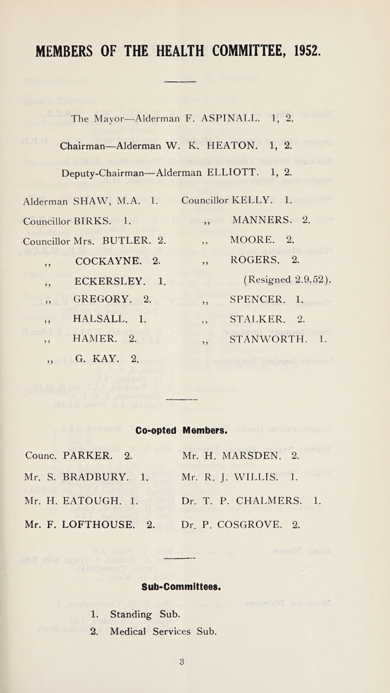 MEMBERS OF THE HEALTH COMMITTEE, 1952. The Mayor—Alderman F. ASPINALL. 1, 2. Chairman—Alderman W. K. HEATON. 1, 2. Deputy-Chairman—Alderman ELLIOTT. 1, 2. Alderman SHAW, M.A. 1. Councillor BIRKS. 1. Councillor Mrs. BUTLER. 2. ,, COCKAYNE. 2. ,, ECKERSLEY. 1. ,, GREGORY. 2. ,, HALSALL. 1. ,, HAMER. 2. ,, G. KAY. 2. Co-opted Counc. PARKER. 2. Mr. S. BRADBURY. 1. Mr. H. EATOUGH. 1. Mr. F. LOFTHOUSE. 2. Councillor KELLY. 1. ,, MANNERS. 2. ,, MOORE. 2. ,, ROGERS. 2. (Resigned 2.9.52) ,, SPENCER. 1. ,, STALKER. 2. STANWORTH. 1. Members. Mr. H. MARSDEN. 2. Mr. R. J. WILLIS. 1. Dr. T. P. CHALMERS. 1. Dr. P. COSGROVE. 2. Sub-Committees. 1. Standing Sub. 2. Medical Services Sub.