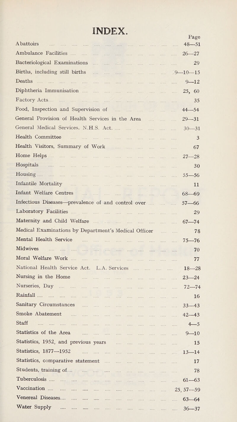 INDEX Abattoirs Page 48—51 Ambulance Facilities 26—27 Bacteriological Examinations 29 Births, including still births 9—10—15 Deaths 9—12 Diphtheria Immunisation 25, 60 Factory Acts 35 Food, Inspection and Supervision of 44—54 General Provision of Health Services in the Area 29—31 General Medical Services. N.H.S. Act 30—31 Health Committee 3 Health Visitors, Summary of Work 67 Home Helps 27—28 Hospitals 30 Housing 55—56 Infantile Mortality 11 Infant Welfare Centres 68—69 Infectious Diseases—prevalence of and control over 57—66 Laboratory Facilities 29 Maternity and Child Welfare 67—74 Medical Examinations by Department’s Medical Officer 78 Mental Health Service 75—76 Midwives 70 Moral Welfare Work 77 National Health Service Act. L.A. Services 18—28 Nursing in the Home 23—24 Nurseries, Day 72—74 Rainfall 16 Sanitary Circumstances 33—43 Smoke Abatement 42—43 Staff 4—5 Statistics of the Area 9—10 Statistics, 1952, and previous years 15 Statistics, 1877—1952 13—14 Statistics, comparative statement 17 Students, training of 78 Tuberculosis 61—63 Vaccination 25, 57—59 Venereal Diseases 63—64 Water Supply 36—37