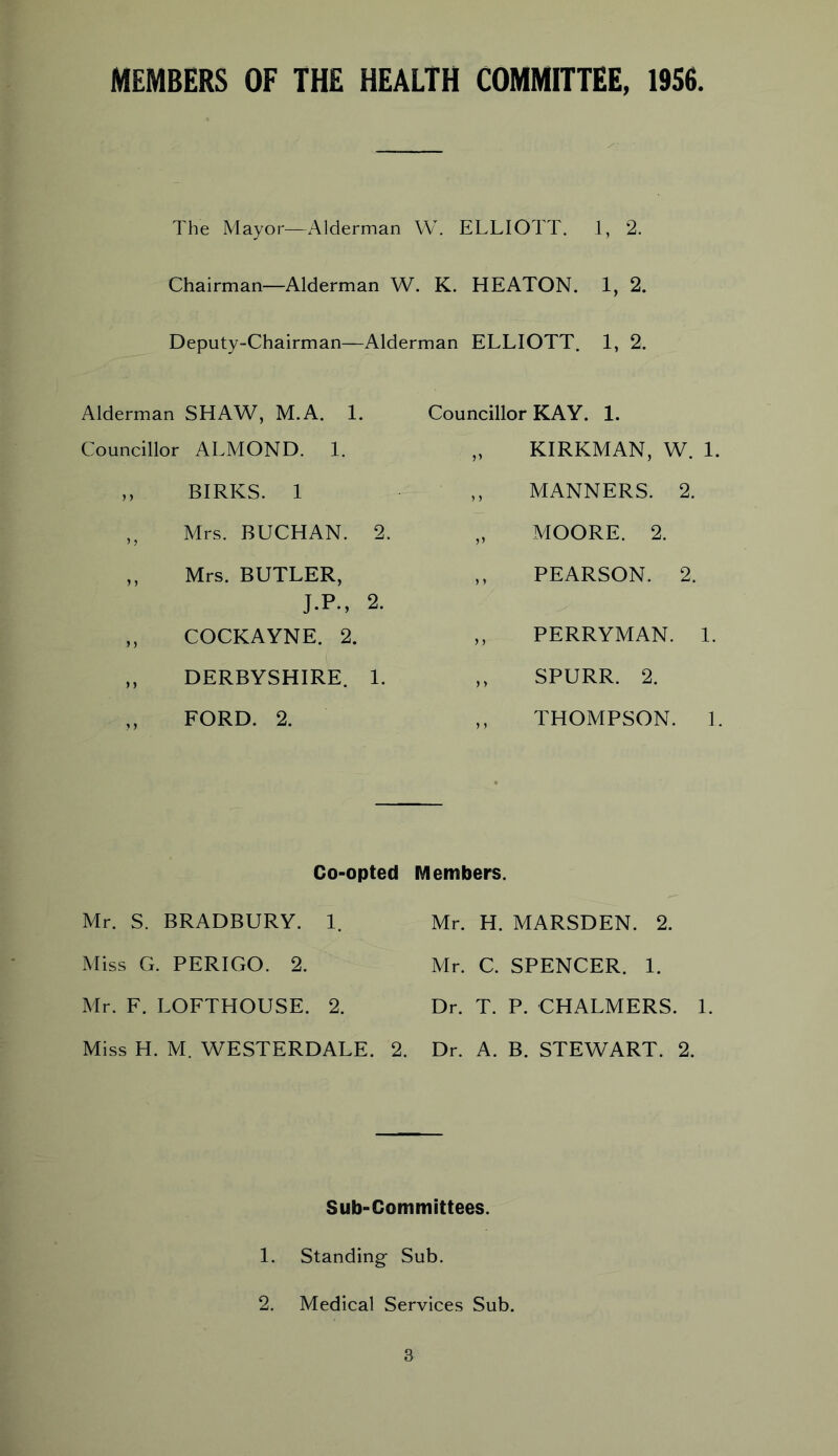 MEMBERS OF THE HEALTH COMMITTEE, 1956 The Mayor—Alderman W. ELLIOTT. 1, 2. Chairman—Alderman W. K. HEATON. 1, 2. Deputy-Chairman—Alderman ELLIOTT. 1, 2. Alderman SHAW, M.A. 1. Councillor ALMOND. 1. ,, BIRKS. 1 ,, Mrs. BUCHAN. 2. ,, Mrs. BUTLER, J.P., 2. ,, COCKAYNE. 2. ,, DERBYSHIRE. 1. FORD. 2. Councillor KAY. 1. KIRKMAN, W. 1. MANNERS. 2. MOORE. 2. PEARSON. 2. PERRYMAN. 1. SPURR. 2. THOMPSON. 1. Co-opted Members. Mr. S. BRADBURY. 1. Miss G. PERIGO. 2. Mr. F. LOFTHOUSE. 2. Miss H. M. WESTERDALE. 2. Mr. H. MARSDEN. 2. Mr. C. SPENCER. 1. Dr. T. P. CHALMERS. 1. Dr. A. B. STEWART. 2. Sub-Committees. 1. Standings Sub. 2. Medical Services Sub.