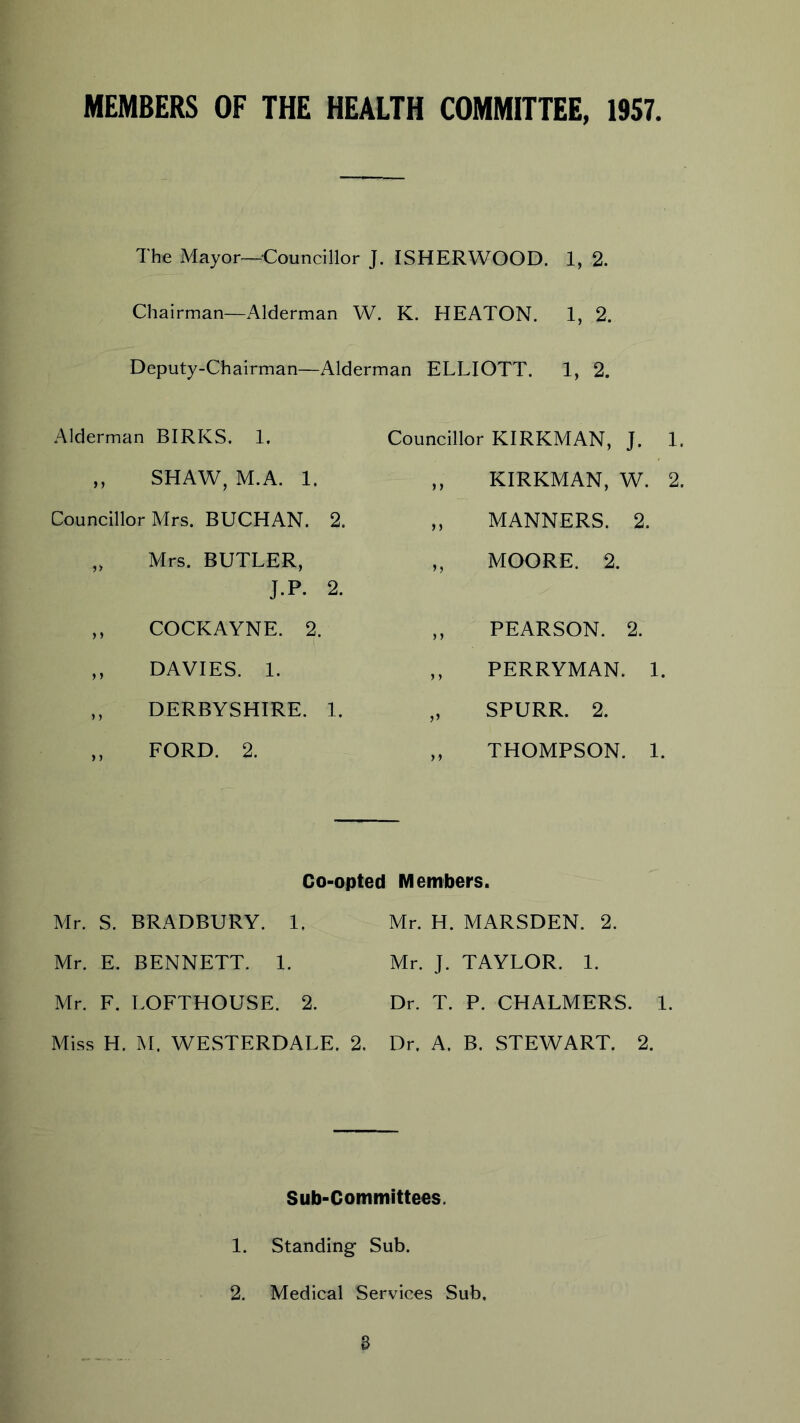 MEMBERS OF THE HEALTH COMMITTEE, 1957, The Mayor—^^Councillor J. ISHERWOOD. 1, 2. Chairman—Alderman W. K. HEATON. 1, 2. Deputy-Chairman—Alderman ELLIOTT. 1, 2. Alderman BIRKS. 1. ,, SHAW, M.A. 1. Councillor Mrs. BUCHAN. 2. „ Mrs. BUTLER, J.P. 2. ,, COCKAYNE. 2. ,, DAVIES. 1. ,, DERBYSHIRE. 1. ,, FORD. 2. Councillor KIRKMAN, J. 1. ,, KIRKMAN, W. 2. „ MANNERS. 2. ,, MOORE. 2. ,, PEARSON. 2. ,, PERRYMAN. 1. „ SPURR. 2. ,, THOMPSON. 1. Co-opted Members. Mr. S. BRADBURY. 1, Mr. H. MARSDEN. 2. Mr. E. BENNETT. 1. Mr. J. TAYLOR. 1. Mr. F. LOFTHOUSE. 2. Dr. T. P. CHALMERS. 1. Miss H. M. WESTERDALE. 2. Dr. A. B. STEWART. 2. Sub-Committees. 1. Standing Sub. 2. Medical Services Sub. S