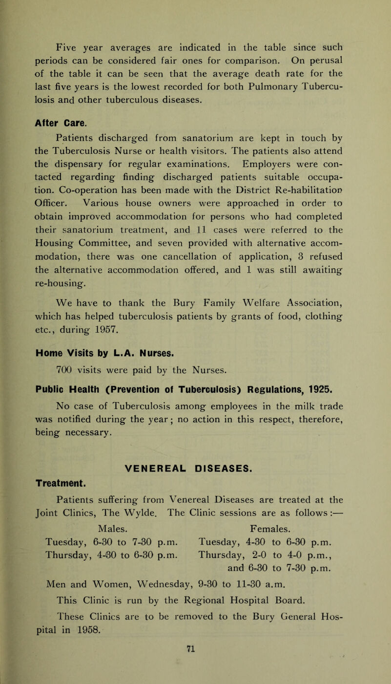 Five year averages are indicated in the table since such periods can be considered fair ones for comparison. On perusal of the table it can be seen that the average death rate for the last five years is the lowest recorded for both Pulmonary Tubercu- losis and other tuberculous diseases. After Care. Patients discharged from sanatorium are kept in touch by the Tuberculosis Nurse or health visitors. The patients also attend the dispensary for regular examinations. Employers were con- tacted regarding finding discharged patients suitable occupa- tion. Co-operation has been made with the District Re-habilitation Officer. Various house owners were approached in order to obtain improved accommodation for persons who had completed their sanatorium treatment, and 11 cases were referred to the Housing Committee, and seven provided with alternative accom- modation, there was one cancellation of application, 3 refused the alternative accommodation offered, and 1 was still awaiting re-housing. We have to thank the Bury Family Welfare Association, which has helped tuberculosis patients by grants of food, clothing etc., during 1957. Home Visits by L.A. Nurses. 700 visits were paid by the Nurses. Public Health (Prevention of Tuberculosis) Regulations, 1925. No case of Tuberculosis among employees in the milk trade was notified during the year; no action in this respect, therefore, being necessary. VENEREAL DISEASES. Treatment. Patients suffering from Venereal Diseases are treated at the Joint Clinics, The Wylde, The Clinic sessions are as follows :— Males. Females. Tuesday, 6-30 to 7-30 p.m. Tuesday, 4-30 to 6-30 p.m. Thursday, 4-30 to 6-30 p.m. Thursday, 2-0 to 4-0 p.m., and 6-30 to 7-30 p.m. Men and Women, Wednesday, 9-30 to 11-30 a.m. This Clinic is run by the Regional Hospital Board. These Clinics are to be removed to the Bury General Hos- pital in 1958. ‘