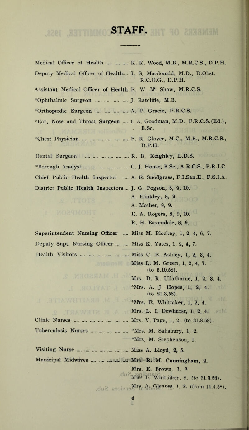 STAFF Medical Officer of Health K. K. Wood, M.B., M.R.C.S., D.P.H. Deputy Medical Officer of Health.... I. S. Macdonald, M.D., D.Obst. R.C.O.G., D.P.H. Assistant Medical Officer of Health E. W. M\ Shaw, M.R.C.S. ^Ophthalmic Surgeon J. Ratcliffe, M.B. ^Orthopaedic Surgeon A. P. Gracie, F.R.C.S. *Ear, Nose and Throat Surgeon .... I. A. Goodman, M.D., F.R.C.S. (Ed.), B.Sc. *Chest Physician F. R. Glover, M.C., M.B., M.R.C.S., D.P.H. Dental Surgeon R. B. Keighley, E.D.S. :i:Borough Analyst C. J. House, B.Sc., A.R.C.S., F.R.I.C. Chief Public Health Inspector .... A. E. Snodgrass, F.I.San.E., F.S.I.A. District Public Health Inspectors.... J. G. Pogson, 8, 9, 10. A. Hinkley, 8, 9. A. Mather, 8, 9. E. A. Rogers, 8, 9, 10. R. H. Baxendale, 8, 9. Superintendent Nursing Officer .... Miss M. Blockey, 1, 2, 4, 6, 7. Deputy Supt. Nursing Officer Miss K. Yates, 1, 2, 4, 7. Health Visitors Miss C. E. Ashley, 1, 2, 3, 4. Miss E. M. Green, 1, 2, 4, 7. (to 5.10.58). Mrs. D. R. Ullathorne, 1, 2, 3, 4. *Mrs. A. J. Hopes, 1, 2, 4. (to 21.3.58). *M'rs. E. Whittaker, 1, 2, 4. Mrs. E. I. Dewhurst, 1, 2, 4. Clinic Nurses Mrs. V. Page, 1, 2. (to 31.8.58). Tuberculosis Nurses *Mrs. M. Salisbury, 1, 2. *Mrs. M. Stephenson, 1. Visiting Nurse Miss A. Eloyd, 2, 5. Municipal Midwives -va.^'Mr£-(feEJM. Cunningham, 2. Mrs. E. Brown. E o. Mis?1 E. Whittaker. 2. (to 31.3,58). Mr?. ^..Ojenves. 1, 2. (from 14.4.58).
