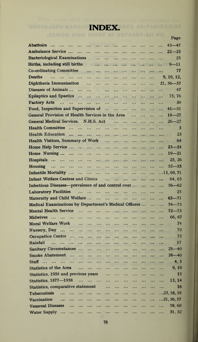 INDEX. Abattoirs Ambulance Service Bacteriological Examinations Births, including still births Co-ordinating Committee Deaths Diphtheria Immunisation Diseases of Animals Epileptics and Spastics ... Factory Acts Food, Inspection and Supervision of General Provision of Health Services in the Area General Medical Services. N.H.S. Act Health Committee Health Education Health Visitors, Summary of Work Home Help Service Home Nursing Hospitals ... Housing Infantile Mortality Infant Welfare Centres and Clinics Infectious Diseases—prevalence of and control over Laboratory Facilities Maternity and Child Welfare Medical Examinations by Department's Medical Officers Mental Health Service Midwives Moral Welfare Work Nursery, Day Occupation Centre Rainfall Sanitary Circumstances Smoke Abatement Staff Statistics of the Area Statistics, 1958 and previous years Statistics, 1877—1958 Statistics, comparative statement Tuberculosis Vaccination Venereal Diseases Water Supply Page ... 43—47 ... 22—23 25 ... 9—11 77 9, 10, 12, 21, 56—57 47 ... 75,76 30 ... 41—51 ... 18—27 ... 26—27 3 23 64 ... 23—24 ... 19—21 ... 25, 26 ... 52—55 ...11,69, 71 ... 64, 65 ... 56—62 25 ... 63—71 ... 74—75 ... 72—73 ... 66, 67 74 70 73 17 ... 28—40 ... 38—40 4, 5 9, 10 15 ... 13,14 16 ...23, 58, 59 ...21,56,57 ... 59,60 ... 31,32