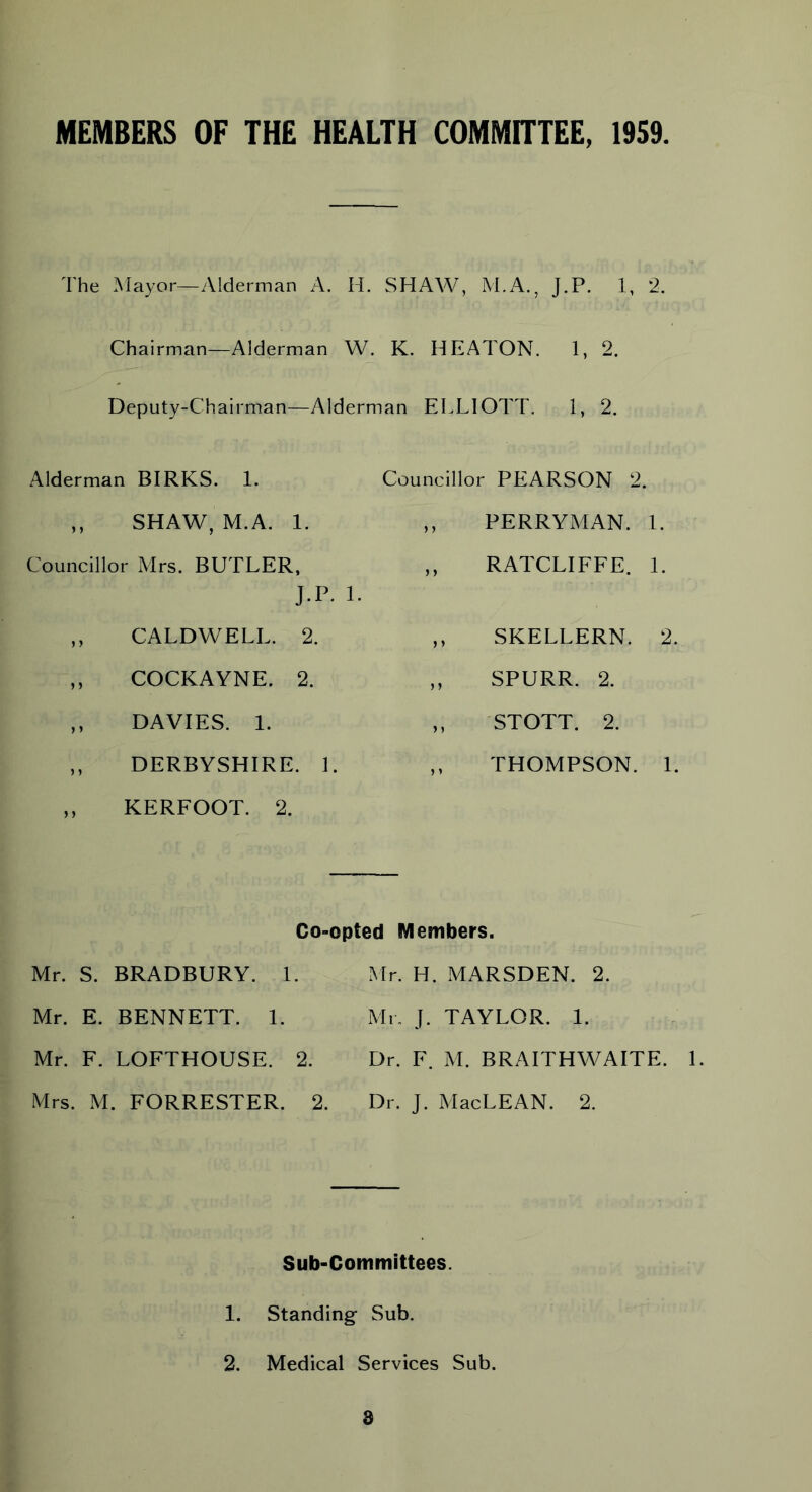 MEMBERS OF THE HEALTH COMMITTEE, 1959 The Mayor—Alderman A. H. SHAW, M.A., J.P. 1, 2. Chairman—Alderman W. K. HEATON. 1, 2. Deputy-Chairman—Alderman ELLIOTT. 1, 2. Alderman BIRKS. 1. ,, SHAW, M.A. 1. Councillor Mrs. BUTLER, J.P. 1. ,, CALDWELL. 2. ,, COCKAYNE. 2. ,, DAVIES. 1. ,, DERBYSHIRE. 1. ,, KERFOOT. 2. Councillor PEARSON 2. PERRYMAN. 1. RATCLIFFE. 1. SKELLERN. 2. SPURR. 2. STOTT. 2. THOMPSON. 1. Co-opted Members. Mr. S. BRADBURY. 1. Mr. E. BENNETT. 1. Mr. F. LOFTHOUSE. 2. Mrs. M. FORRESTER. 2. Mr. H. MARSDEN. 2. Mr. J. TAYLOR. 1. Dr. F. M. BRAITHWAITE. 1. Dr. J. MacLEAN. 2. Sub-Committees. 1. Standing- Sub. 2. Medical Services Sub.