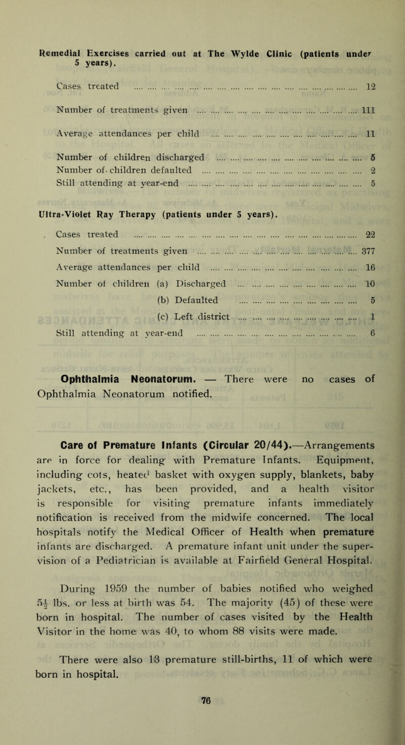 Remedial Exercises carried out at The Wylde Clinic (patients under 5 years). Cases treated 12 Number of treatments given Ill Average attendances per child 11 Number of children discharged 5 Number of- children defaulted 2 Still attending at year-end 5 Ultra=Violet Ray Therapy (patients under 5 years). Cases treated 22 Number of treatments given 377 Average attendances per child 16 Number of children (a) Discharged 10 (b) Defaulted 5 (c) Left district 1 Still attending at year-end 6 Ophthalmia Neonatorum. — There were no cases of Ophthalmia Neonatorum notified. Care of Premature Infants (Circular 20/44).—Arrangements are in force for dealing with Premature Infants. Equipment, including cots, heated basket with oxygen supply, blankets, baby jackets, etc., has been provided, and a health visitor is responsible for visiting premature infants immediately notification is received from the midwife concerned. The local hospitals notify the Medical Officer of Health when premature infants are discharged. A premature infant unit under the super- vision of a Pediatrician is available at Fairfield General Hospital. During 1959 the number of babies notified who weighed 5^ lbs. or less at birth was 54. The majority (45) of these were born in hospital. The number of cases visited by the Health Visitor in the home was 40, to whom 88 visits were made. There were also 13 premature still-births, 11 of which were born in hospital.