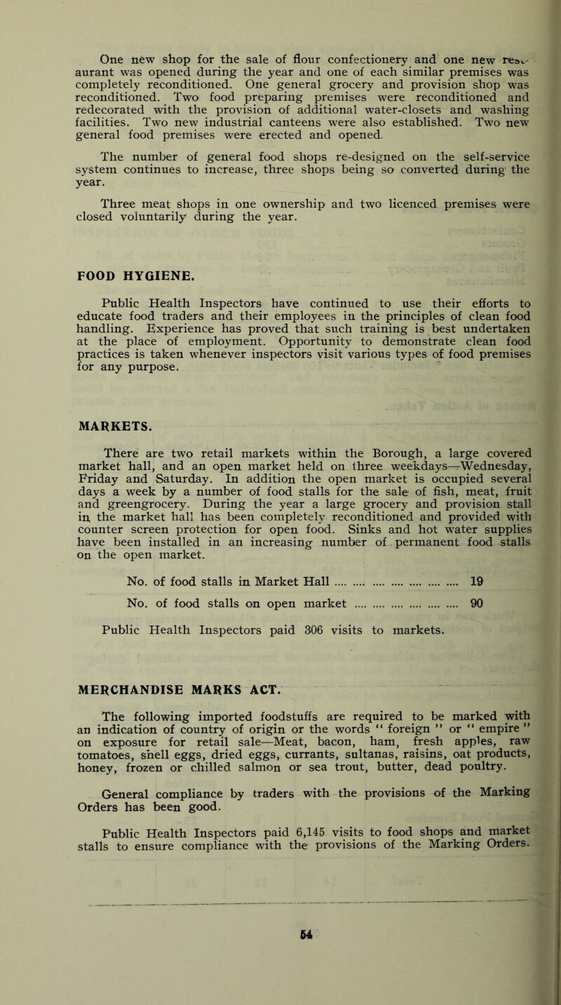 One new shop for the sale of flour confectionery and one new re»c- aurant was opened during the year and one of each similar premises was completely reconditioned. One general grocery and provision shop was reconditioned. Two food preparing premises were reconditioned and redecorated with the provision of additional water-closets and washing facilities. Two new industrial canteens were also established. Two new general food premises were erected and opened. The number of general food shops re-designed on the self-service system continues to increase, three shops being so converted during’ the year. Three meat shops in one ownership and two licenced premises were closed voluntarily during the year. FOOD HYGIENE. Public Health Inspectors have continued to use their efforts to educate food traders and their employees in the principles of clean food handling. Experience has proved that such training is best undertaken at the place of employment. Opportunity to demonstrate clean food practices is taken whenever inspectors visit various types of food premises for any purpose. MARKETS. There are two retail markets within the Borough, a large covered market hall, and an open market held on three weekdays—Wednesday, Friday and Saturday. In addition the open market is occupied several days a week by a number of food stalls for the sale of fish, meat, fruit and greengrocery. During the year a large grocery and provision stall in, the market hall has been completely reconditioned and provided with counter screen protection for open food. Sinks and hot water supplies have been installed in an increasing number of permanent food stalls on the open market. No. of food stalls in Market Hall 19 No. of food stalls on open market 90 Public Health Inspectors paid 306 visits to markets. MERCHANDISE MARKS ACT. The following imported foodstuffs are required to be marked with an indication of country of origin or the words “ foreign ” or “ empire” on exposure for retail sale—Meat, bacon, ham, fresh apples, raw tomatoes, shell eggs, dried eggs, currants, sultanas, raisins, oat products, honey, frozen or chilled salmon or sea trout, butter, dead poultry. General compliance by traders with the provisions of the Marking Orders has been good. Public Health Inspectors paid 6,145 visits to food shops and market stalls to ensure compliance with the provisions of the Marking Orders.