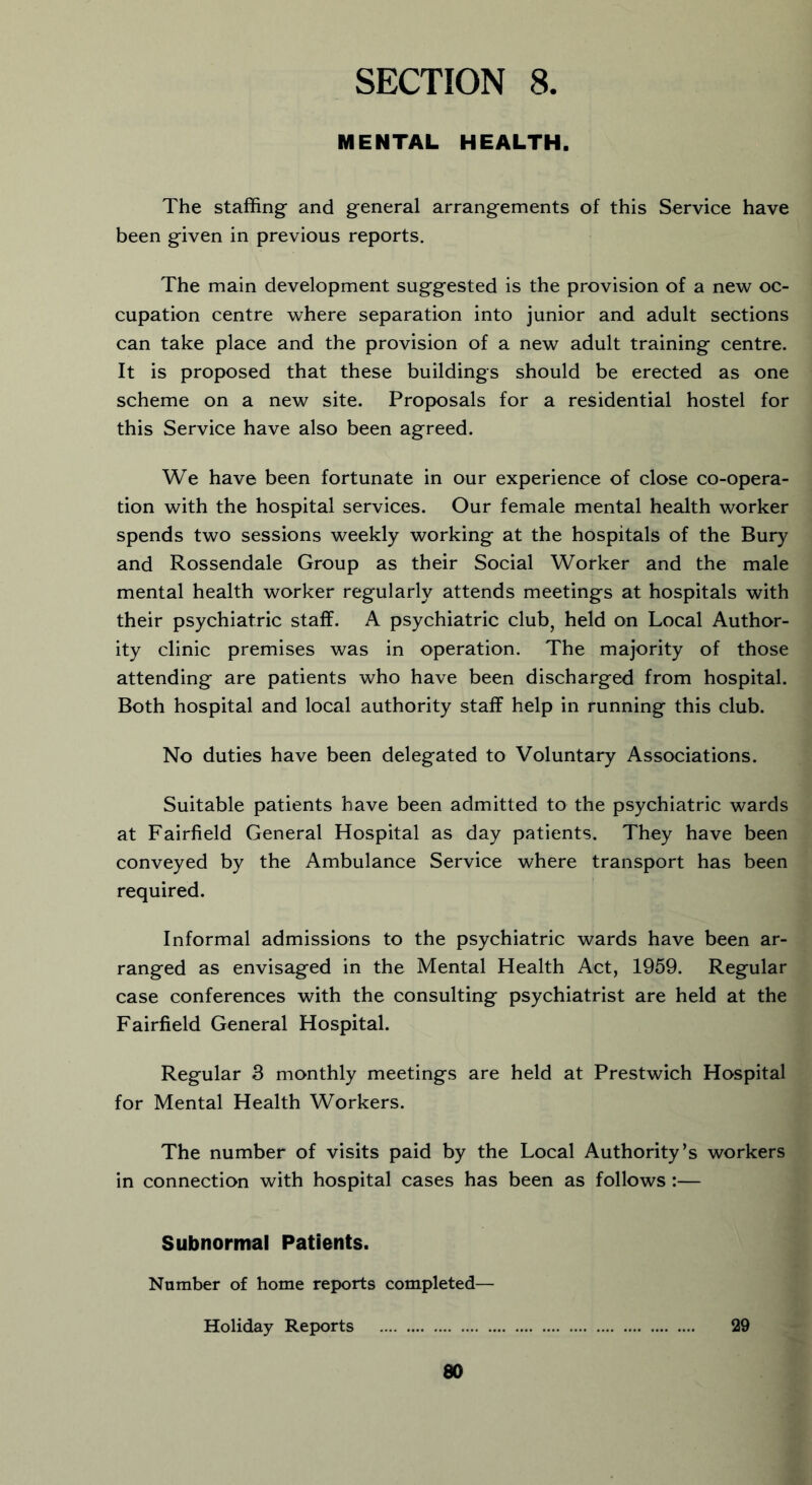 MENTAL HEALTH. The staffing and general arrangements of this Service have been given in previous reports. The main development suggested is the provision of a new oc- cupation centre where separation into junior and adult sections can take place and the provision of a new adult training centre. It is proposed that these buildings should be erected as one scheme on a new site. Proposals for a residential hostel for this Service have also been agreed. We have been fortunate in our experience of close co-opera- tion with the hospital services. Our female mental health worker spends two sessions weekly working at the hospitals of the Bury and Rossendale Group as their Social Worker and the male mental health worker regularly attends meetings at hospitals with their psychiatric staff. A psychiatric club, held on Local Author- ity clinic premises was in operation. The majority of those attending are patients who have been discharged from hospital. Both hospital and local authority staff help in running this club. No duties have been delegated to Voluntary Associations. Suitable patients have been admitted to the psychiatric wards at Fairfield General Hospital as day patients. They have been conveyed by the Ambulance Service where transport has been required. Informal admissions to the psychiatric wards have been ar- ranged as envisaged in the Mental Health Act, 1959. Regular case conferences with the consulting psychiatrist are held at the Fairfield General Hospital. Regular 3 monthly meetings are held at Prestwich Hospital for Mental Health Workers. The number of visits paid by the Local Authority’s workers in connection with hospital cases has been as follows:— Subnormal Patients. Number of home reports completed— Holiday Reports 29