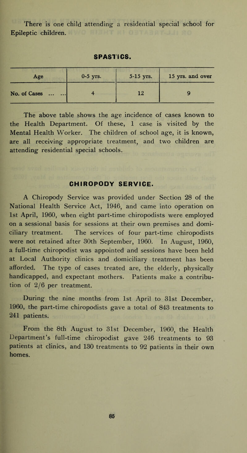 There is one child attending a residential special school for Epileptic children. SPAS1 ICS. Age 0-5 yrs. 5-15 yrs. 15 yrs. and over No. of Cases 4 12 9 The above table shows the age incidence of cases known to the Health Department. Of these, 1 case is visited by the Mental Health Worker. The children of school age, it is known, are all receiving appropriate treatment, and two children are attending residential special schools. CHIROPODY SERVICE. A Chiropody Service was provided under Section 28 of the National Health Service Act, 1946, and came into operation on 1st April, 1960, when eight part-time chiropodists were employed on a sessional basis for sessions at their own premises and domi- ciliary treatment. The services of four part-time chiropodists were not retained after 30th September, 1960. In August, 1960, a full-time chiropodist was appointed and sessions have been held at Local Authority clinics and domiciliary treatment has been afforded. The type of cases treated are, the elderly, physically handicapped, and expectant mothers. Patients make a contribu- tion of 2/6 per treatment. During the nine months from 1st April to 31st December, 1960, the part-time chiropodists gave a total of 843 treatments to 241 patients. From the 8th August to 31st December, 1960, the Health Department’s full-time chiropodist gave 246 treatments to 93 patients at clinics, and 130 treatments to 92 patients in their own homes.