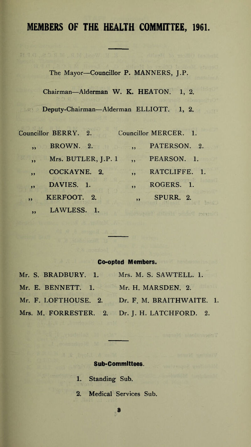 MEMBERS OF THE HEALTH COMMITTEE, 1961 The Mayor—Councillor P. MANNERS, J.P. Chairman—Alderman W. K. HEATON. 1, 2. Deputy-Chairman—Alderman ELLIOTT. 1, 2. Councillor BERRY. 2. Councillor MERCER. 1 >> BROWN. 2. >> PATERSON. >> Mrs. BUTLER, J.P. 1 >> PEARSON. >> COCKAYNE. 2. >> RATCLIFFE. >> DAVIES. 1. »> ROGERS. 1. »» KERFOOT. 2. >> SPURR. 2. >» LAWLESS. 1. Co-opted Members. Mr. S. BRADBURY. 1. Mr. E. BENNETT. 1. Mr. F. LOFTHOUSE. 2. Mrs. M. FORRESTER. 2. Mrs. M. S. SAWTELL. 1. Mr. H. MARSDEN. 2. Dr. F. M. BRAITHWAITE. 1. Dr. J. H. LATCHFORD. 2. Sub-Committees. 1. Standing Sub. 2. Medical Services Sub. 8