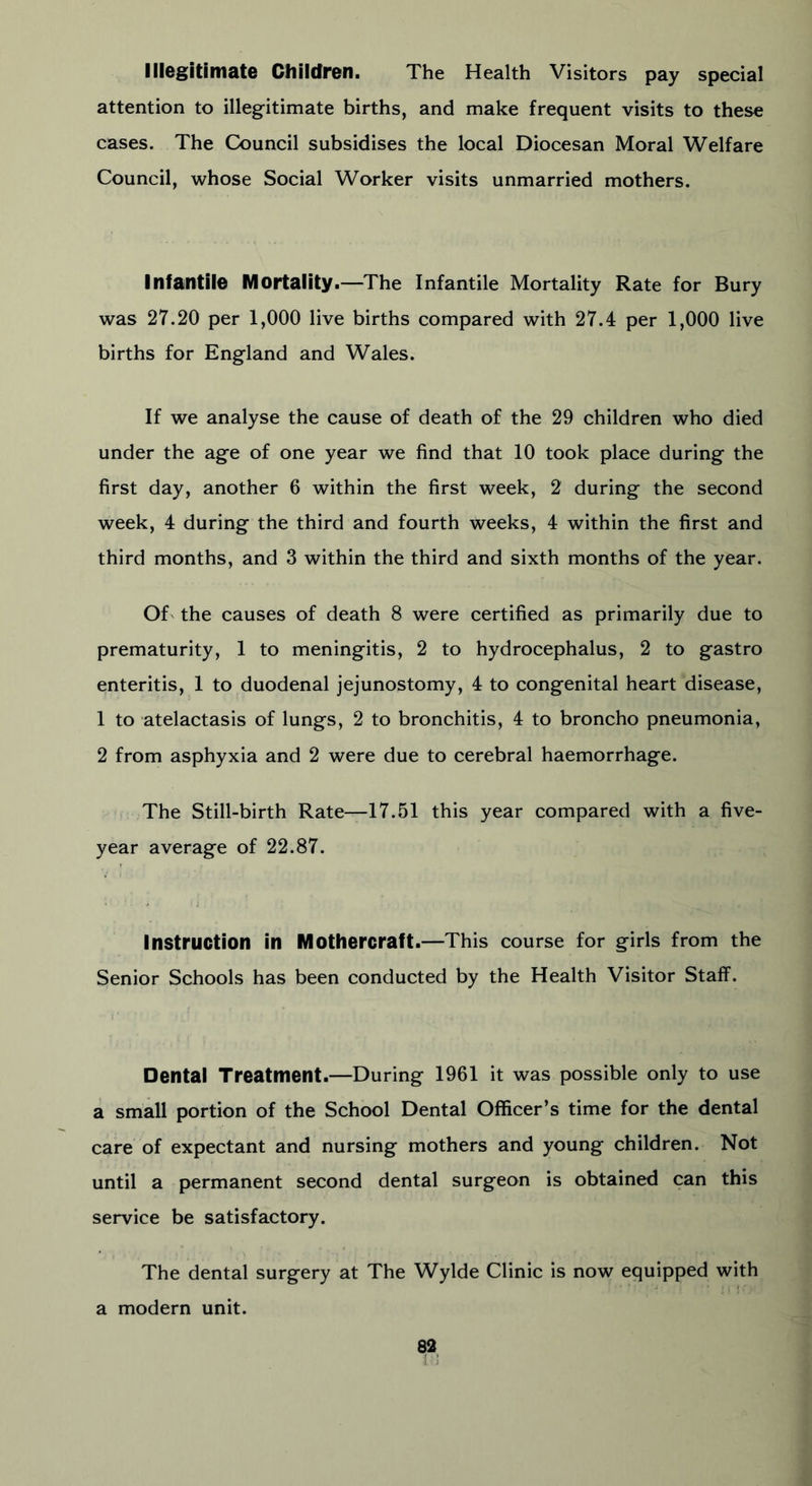 Illegitimate Children. The Health Visitors pay special attention to illegitimate births, and make frequent visits to these cases. The Council subsidises the local Diocesan Moral Welfare Council, whose Social Worker visits unmarried mothers. Infantile Mortality.—The Infantile Mortality Rate for Bury was 27.20 per 1,000 live births compared with 27.4 per 1,000 live births for England and Wales. If we analyse the cause of death of the 29 children who died under the age of one year we find that 10 took place during the first day, another 6 within the first week, 2 during the second week, 4 during the third and fourth weeks, 4 within the first and third months, and 3 within the third and sixth months of the year. Of the causes of death 8 were certified as primarily due to prematurity, 1 to meningitis, 2 to hydrocephalus, 2 to gastro enteritis, 1 to duodenal jejunostomy, 4 to congenital heart disease, 1 to atelactasis of lungs, 2 to bronchitis, 4 to broncho pneumonia, 2 from asphyxia and 2 were due to cerebral haemorrhage. The Still-birth Rate—17.51 this year compared with a five- year average of 22.87. Instruction in Mothercraft.—This course for girls from the Senior Schools has been conducted by the Health Visitor Staff. Dental Treatment.—During 1961 it was possible only to use a small portion of the School Dental Officer’s time for the dental care of expectant and nursing mothers and young children. Not until a permanent second dental surgeon is obtained can this service be satisfactory. The dental surgery at The Wylde Clinic is now equipped with a modern unit.