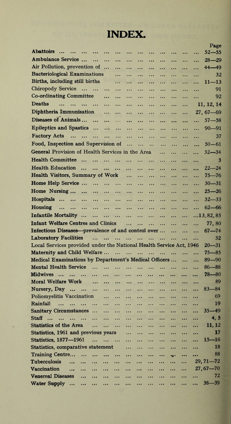 INDEX. Page Abattoirs ... 52—55 Ambulance Service ... 28—29 Air Pollution, prevention of ... 44—49 Bacteriological Examinations 32 Births, including still births ... 11—13 Chiropody Service 91 Co-ordinating Committee 92 Deaths 11, 12, 14 Diphtheria Immunisation 27, 67—69 Diseases ofAnimals ... 57—58 Epileptics and Spastics ... 90—91 Factory Acts 37 Food, Inspection and Supervision of ... ... 50—61 General Provision of Health Services in the Area ... 32—34 Health Committee 3 Health Education ... 22—24 Health Visitors, Summary of Work ... ... 75—76 Home Help Service ... 30—31 Home Nursing ... 25—26 Hospitals ... 32—33 Housing ... 62—66 Infantile Mortality ...13,82,85 Infant Welfare Centres and Clinics ... 77,80 Infectious Diseases—prevalence of and control over ... 67—74 Laboratory Facilities 32 Local Services provided under the National Health Service Act, 1946 20—31 Maternity and Child Welfare ... 75—85 Medical Examinations by Department’s Medical Officers ... ... 89—90 Mental Health Service ... 86—88 Midwives ... ... 78—80 Moral Welfare Work 89 Nursery, Day ... 83—84 Poliomyelitis Vaccination 69 Rainfall 19 Sanitary Circumstances ... 35—49 Staff ... 4,5 Statistics of the Area ... 11,12 Statistics, 1961 and previous years 17 Statistics, 1877—1961 ... 15—16 Statistics, comparative statement 18 Training Centre 88 Tuberculosis 29, 71—72 Vaccination ... 27,67—70 Venereal Diseases ... 72 Water Supply ... 38—39