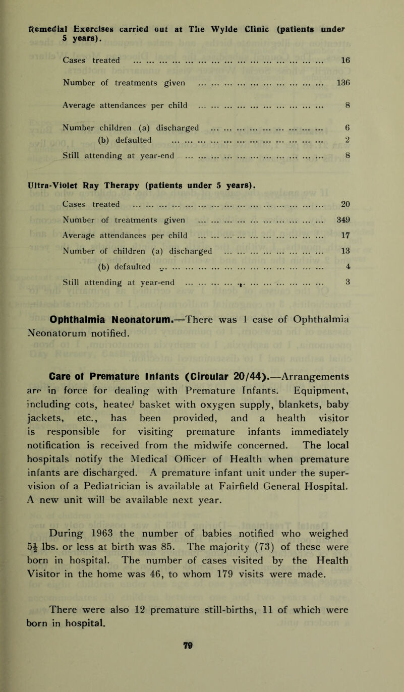 r^emedlal Exercises carried out at The Wylde Clinic (patients under 5 years). Cases treated 16 Number of treatments given 136 Average attendances per child 8 Number children (a) discharged 6 (b) defaulted 2 Still attending at year-end 8 UItra=Violet Ray Therapy (patients under 5 years). Cases treated 20 Number of treatments given 349 Average attendances per child 17 Number of children (a) discharged 13 (b) defaulted 4 Still attending at year-end , 3 Ophthalmia Neonatorum.-r-There was 1 case of Ophthalmia Neonatorum notified. Care af Premature Infants (Circular 20/44).—Arrangements are in force for dealing with Premature Infants. Equipment, including cots, heated basket with oxygen supply, blankets, baby jackets, etc., has been provided, and a health visitor is responsible for visiting premature infants immediately notification is received from the midwife concerned. The local hospitals notify the Medical Officer of Health when premature infants are discharged. A premature infant unit under the super- vision of a Pediatrician is available at Fairfield General Hospital. A new unit will be available next year. During 1963 the number of babies notified who weighed 5| lbs. or less at birth was 85. The majority (73) of these were born in hospital. The number of cases visited by the Health Visitor in the home was 46, to whom 179 visits were made. There were also 12 premature still-births, 11 of which were born in hospital.