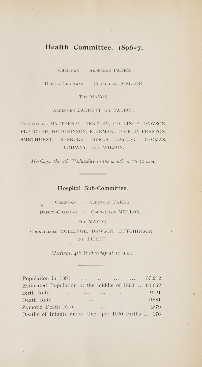 Health Committee, 1896-7. Chairman - x\lderman PARKS. Deputy-Chairman - Councillor MELLOR. The mayor. Aldermen BARRETT and TALBOI'. Councillors BATTERSBY, BENTLEY, COLLINGE, DAWSON, • FLETCHER, HUTCHINSON, KIRKMAN, PICKUP, PRESTON, SMETHLIRST, SPENCER, SYKES, TAYLOR, THOMAS, TIMPANY, AND WILSON. Meetings, the \th Wednesday in the month at 10-30 a.m. Hospital Sub-Committee. Chairman - Alderman PARKS. t Deputy-Chairman - Councillor MELLOR. The mayor. Councillors COLLINGE, DAWSON, HUTCHINSON,. and pickup. Meetings, 4/// Wednesday at 10 a.m. Population in 1(S91 ... ... ... ... 57,212 Estimated Population at the middle of 1896 ... 00,052 Birth Rate ... ... ... ... ... ... 24*21 Death Rate ... ... ... ... ... ... 19*81 Zymotic Death Rate ... ... ... ... 2*79 Deaths of Infants under One—per 1000 Births ... 170