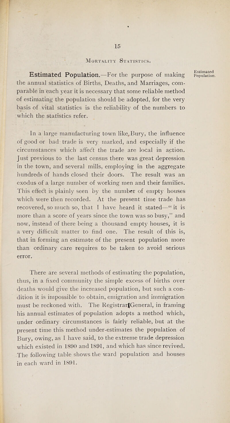 Mortality Statistics. Estimated Population.—For the purpose of making the annual statistics of Births, Deaths, and Marriages, com- parable in each 3’ear it is necessary that some reliable method of estimating the population should be adopted, for the very basis of vital statistics is the reliability of the numbers to which the statistics refer. In a large manufacturing town like,Bury, the influence of good or bad trade is very marked, and especially if tlie circumstances which affecSl the trade are local in action. Just previous to the last census there was great depression in the town, and several mills, employing in the aggregate luindreds of hands closed their doors. The result was an exodus of a large number of working men and their families. This efteift is plainly seen b}^ the number of empty houses which were then recorded. At the present time trade has recovered, so much so, that I have heard it stated—“ it is more than a score of years since the town was so busy,” and now, instead of there being a thousand empt}^ houses, it is a very difficult matter to find one. The result of this is, that in forming an estimate of the present population more than ordinary care requires to be taken to avoid serious error. There are several methods of estimating the population, thus, in a fixed community the simple excess of births over deaths would give the increased population, but such a con- dition it is impossible to obtain, emigration and immigration must be reckoned with. The Registrar|General, in framing his annual estimates of population adopts a method which, under ordinary circumstances is fairly reliable, but at the present time this method under-estimates the population of Bury, owing, as I have said, to the extreme trade depression which existed in 1890 and 1891, and which has since revived. The following table shows the ward population and houses in each ward in 1891. Estimated Population.