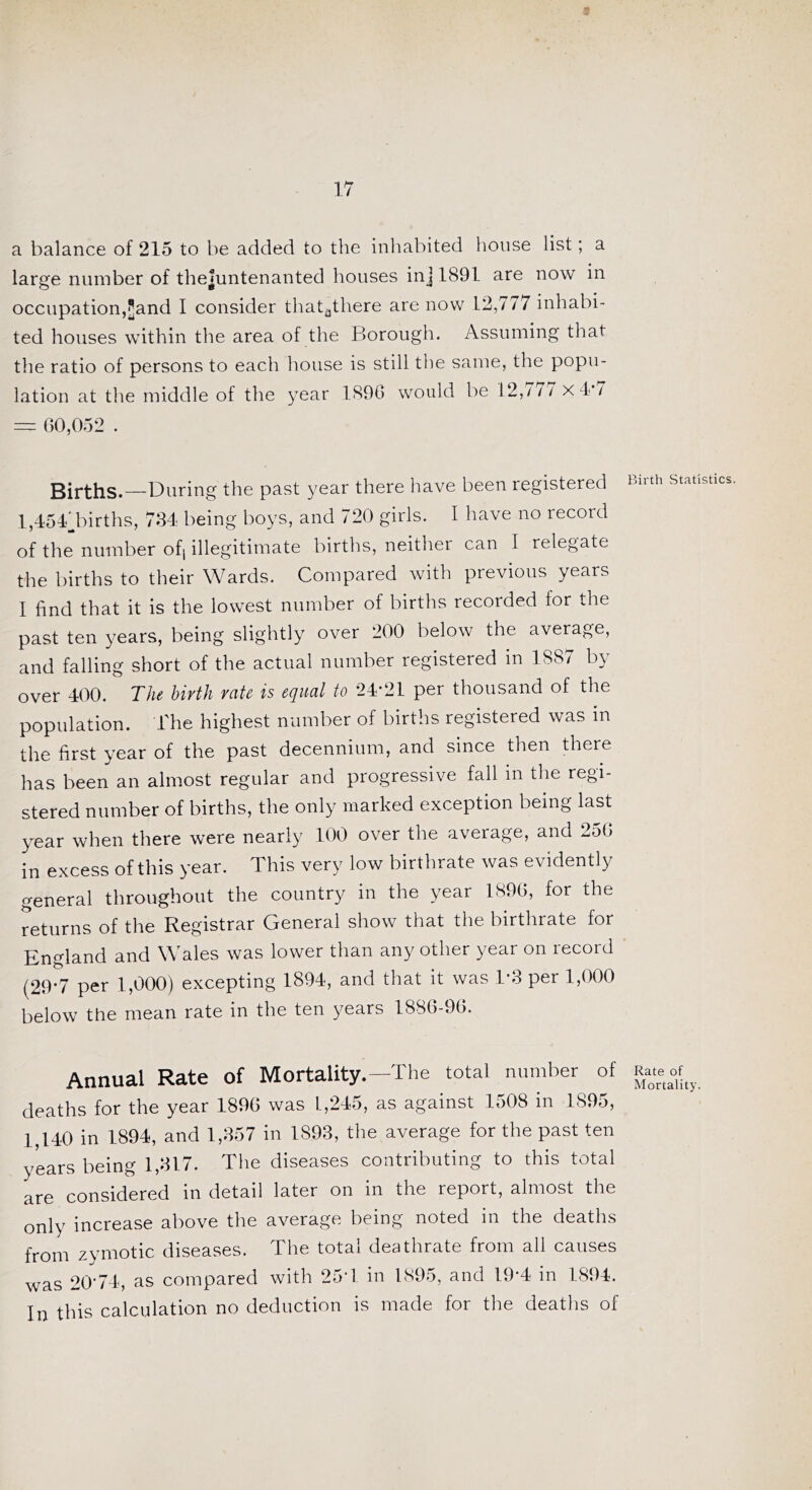 a balance of 215 to be added to the inhabited house list; a large number of thejuntenanted houses inj 1891 are now in occupation,^and I consider tliat^there are now 12,777 inhabi- ted houses within the area of the Borough. Assuming that the ratio of persons to each house is still the same, the popu- lation at the middle of the year 189G would be 12,/// xl'/ == 60,052 . Births.—During the past year there have been registered l,45Bbirths, 734 being boys, and 720 girls. I have no record of the* number ofj illegitimate births, neither can I relegate the births to their Wards. Compared with previous years I find that it is the lowest number of births recorded for the past ten years, being slightly over 200 below the average, and falling short of the actual number registered in 1887 by over 400. The birth rate is equal to 24*21 per thousand of the population. I'he highest number of births registered was m the first year of the past decennium, and since then there has been an almost regular and progressive fall in the regi- stered number of births, the only marked exception being last year when there were nearly 100 over the average, and 256 in excess of this year. This very low birthrate was evidently general throughout the country in the year 1896, for the returns of the Registrar General show that the birthrate for England and Wales was lower than any other year on record (29*7 per 1,000) excepting 1894, and that it was 1*3 per 1,000 below the mean rate in the ten years 1886-96. Annual Rate of Mortality.—The total number of deaths for the year 1896 was 1,245, as against 1508 in 1895, 1,140 in 1894, and 1,357 in 1893, the average for the past ten years being 1,317. The diseases contributing to this total are considered in detail later on in the report, almost the only increase above the average being noted in the deaths from zymotic diseases. The total deathrate from all causes was 20-74, as compared with 25-1 in 1895, and 19*4 in 1894. In this calculation no deduction is made for the deaths of Birth Statistics. Rate of Mortality.