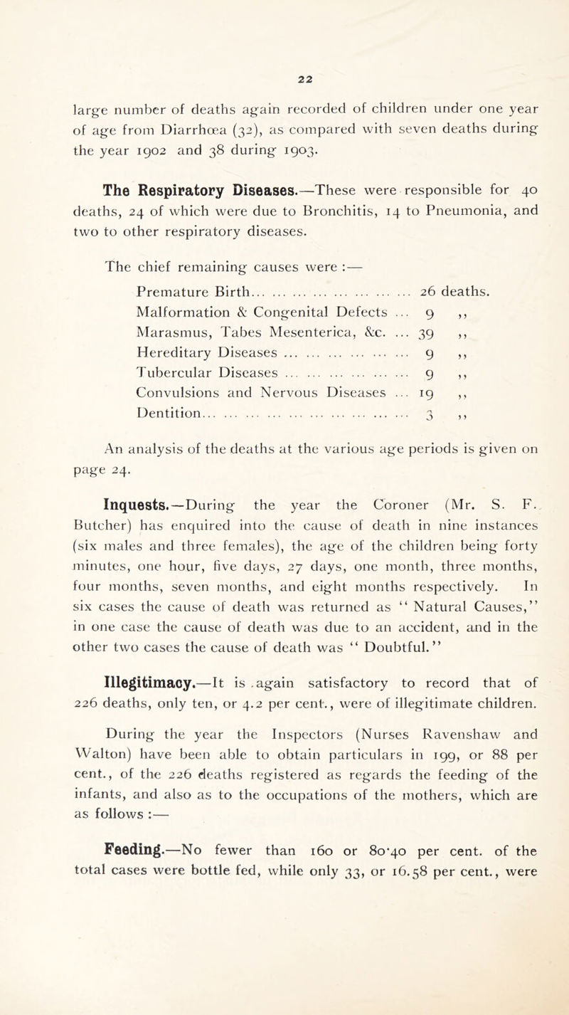 large number of deaths again recorded of children under one year of age from Diarrhoea (32), as compared with seven deaths during the year 1902 and 38 during 1903. The Respiratory Diseases.—These were responsible for 40 deaths, 24 of which were due to Bronchitis, 14 to Pneumonia, and two to other respiratory diseases. The chief remaining causes were :— Premature Birth 26 deaths. Malformation & Congenital Defects ... 9 ,, Marasmus, Tabes Mesenterica, &c. ... 39 ,, Hereditary Diseases 9 ,, Tubercular Diseases 9 ,, Convulsions and Nervous Diseases ... 19 ,, Dentition 3 ,, An analysis of the deaths at the various age periods is given on page 24. Inquests.—During the year the Coroner (Mr. S. F. Butcher) has enquired into the cause of death in nine instances (six males and three females), the age of the children being forty minutes, one hour, five days, 27 days, one month, three months, four months, seven months, and eight months respectively. In six cases the cause of death was returned as “ Natural Causes,” in one case the cause of death was due to an accident, and in the other two cases the cause of death was “ Doubtful.” Illegitimacy.—It is .again satisfactory to record that of 226 deaths, only ten, or 4.2 per cent., were of illegitimate children. During the year the Inspectors (Nurses Ravenshaw and Walton) have been able to obtain particulars in 199, or 88 per cent., of the 226 deaths registered as regards the feeding of the infants, and also as to the occupations of the mothers, which are as follows :— Feeding .—No fewer than 160 or 80*40 per cent, of the total cases were bottle fed, while only 33, or 16.58 per cent., were