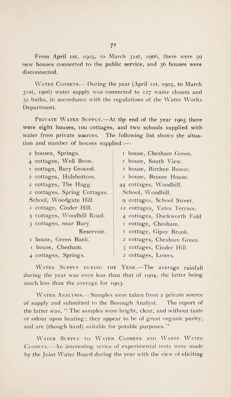 From April ist, 1905, to March 31st, igo6, there were 59 new houses connected to the public service, and 36 houses were disconnected. Water Closets.—During- the year (April ist, 1905, to March 31st, 1906) water supply was connected to 127 water closets and 32 baths, in aocordance with the regulations of the Water Works Department. Private Water Supply.—At the end of the year 1905 there were eight houses, 100 cottages, and two schools supplied with water from private scRirces. The following list shows the situa- tion and number of houses supplied :— 2 houses, Springs. 4 cottages. Well Brow. T cottage. Bury Ground. 2 cottages, Holebottom. 2 cottages, The Hagg. 2 cottages. Spring Cottages. School, Woodgate Hill. I cottage. Cinder Hill. 3 cottages, Woodhill Road. 3 cottages, near Bury Reservoir. I house. Green Bank. I house, Chesham. 4 cottages. Springs. I house, Chesham Green. T house, South View. I house, Birchen Bower. T house. Broom House. 44 cottages, Woodhill. School, Woodhill. 9 cottages, School Street. 12 cottages, Yates Terrace. 4 cottages, Duckworth Fold I cottage, Chesham. 1 cottage, Gipsy Brook. 2 cottages, Chesham Green. 3 cottages. Cinder Hill. 2 cottages, Lowes. Water Supply during the Year.—The average rainfall during the year was even less than that of 1904, the latter being much less than the average for 1903. Water Analysis.---Samples were taken from a private source of supply and submitted to the Borough Analyst. The report of the latter was, “ The samples were bright, clear, and without taste or odour upon heating ; they appear to be of great organic purity, and are (though hard) suitable for potable purposes.” Water Supply to Water Closets and Waste Water Closets.—An interesting series of experimental tests were made by the Joint Water Board during the year with tlie view of eliciting