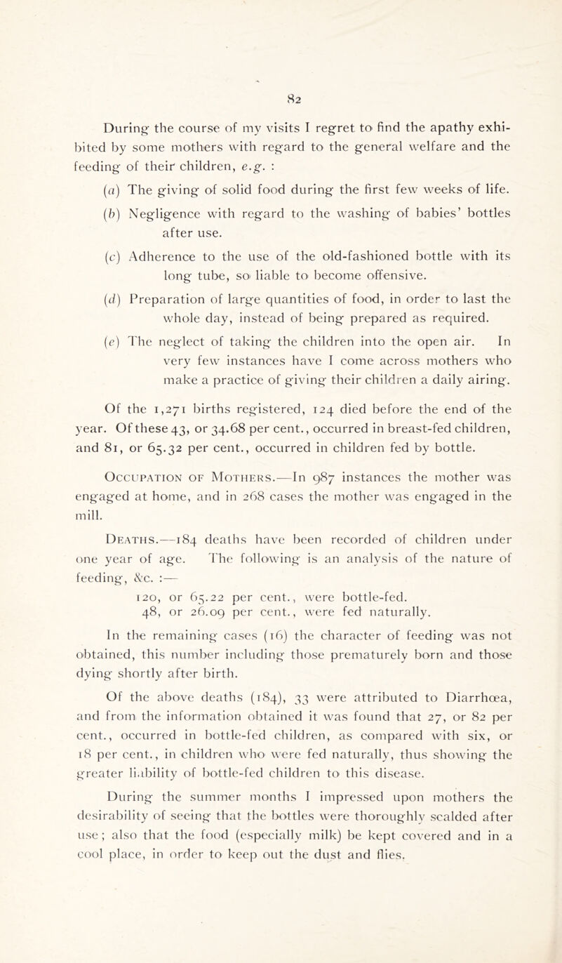During the course of my visits I regret to- find the apathy exhi- bited by some mothers with regard to the general welfare and the feeding of their children, e.g. : (a) The giving of solid food during the first few weeks of life. [h] Negligence with regard to the washing of babies’ bottles after use. (c) Adherence to the use of the old-fashioned bottle with its long tube, soi liable to^ become offensive. (d) Preparation of large quantities of food, in order to last the whole day, instead of being prepared as required. (c) The neglect of taking the children into the open air. In very few instances have I come across mothers who make a practice of giving their children a daily airing. Of the 1,271 births registered, 124 died before the end of the year. Of these 43, or 34.68 per cent., occurred in breast-fed children, and 81, or 65.32 per cent., occurred in children fed by bottle. Occupation of Mothers.^—In 987 instances the mother was engaged at home, and in 268 cases the mother was engaged in the mill. Deaths.—184 deaths have been recorded of children under one year of age. The following is an analysis of the nature of feeding-, Nc. : — 120, or 65.22 per cent., were bottle-fed. 48, or 26.09 cent., were fed naturally. In the remaining cases (16) the character of feeding was not obtained, this number including those prematurely born and those dying shortly after birth. Of the above deaths (184), 33 were attributed to Diarrhoea, and from the information obtained it was found that 27, or 82 per cent., occurred in bottle-fed children, as compared with six, or 18 per cent., in children who’ were fed naturally, thus showing the greater liability of bottle-fed children tO' this disease. During the summer months I impressed upon mothers the desirability of seeing that the bottles were thoroughlv scalded after use ; also that the food (especially milk) be kept covered and in a cool place, in order to keep out the dust and flies.