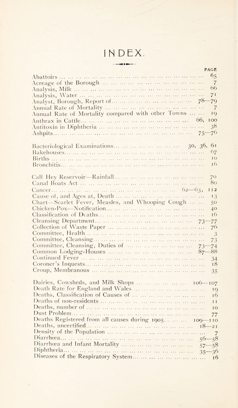 IN DEX. PAGE Abattoirs ^5 Acreage of the Borough 7 Analysis, Milk 66 Analysis, Whiter 7^ Analyst, Borough, Report of 7^—79 Annual Rate ol Mortality • 7 Annual Rate of Mortality compared with other Towns 19 Anthrax in Cattle 66, 100 Antitoxin in Diphtheria 3^ Ashpits 75—76 Bacteriological Examinations 30, 36, 61 Bakehouses 67 Births Bronchitis 16 Calf Hey Reservoir—Rainfall 7^ Canal Boats Act bo Cancer Cause of, and Ages at. Death Chart—vScarlet Fever, Measles, and Wdiooping Chicken-Pox—Notihcation Classihcation of Deaths Cleansing Department Collection of Waste Paper Committee, Health Committee, Cleansing’ Committee, Cleansing, Duties of Common Lodging-Houses Continued h'ever Coroner’s Inquests Croup, Membranous 62—63, 112 13 Cough 50 40 16 73—77 76 3 73—74 87—88 • • • 34 ... 18 ••• 35 Dairies, Cowsheds, and Milk Shops 106—107 Death Rate for England and Wales 19 Deaths, Classification of Causes of 16 Deaths of non-residents ii Deaths, number of 10 Dust Problem 77 Deaths Registered from all causes during 1905 109—no Deaths, uncertified 18—21 Density of the Population 7 Diarrhoea c;6— Diarrhoea and Infant Mortality ^7—eg Diphtheria '^6 Di seases of the Respiratory System 16