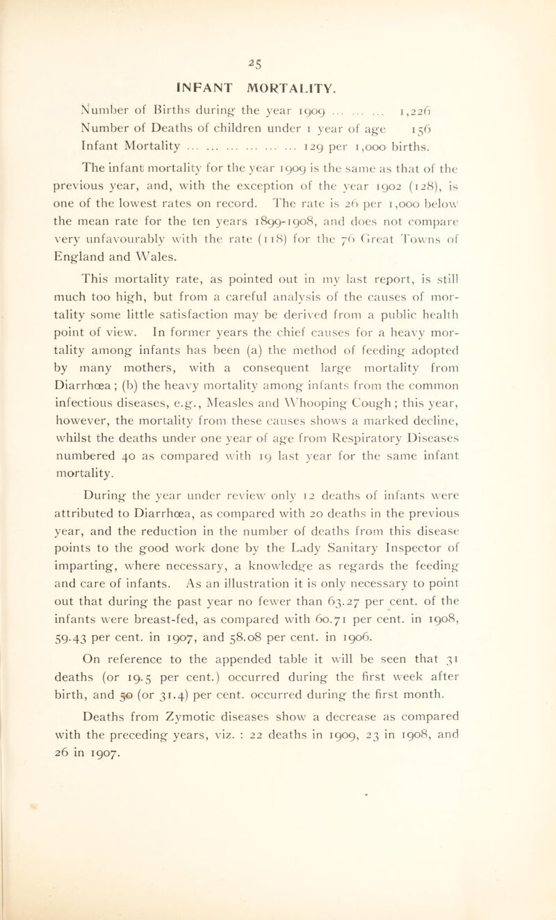 INFANT MORTALITY. Numl)er of Births during- the year 1909 1,226 Number of Deaths of children under i year of age 1^6 Infant Mortality 129 per 1,000 births. The infant mortality for the year 1909 is the same as that of the previous year, and, with the exception of the year 1902 (128), is one of the lowest rates on record. The rate Is 26 per 1,000 below the mean rate for the ten years 18991-1908, and does not compare very unfavourably with the rate (ti8) for the 76 Cireat Towns of England and Wales. This mortality rate, as pointed out in my last report, is still much too high, but from a careful analysis of the causes of mor- tality some little satisfaction may be derived from a public health point of view. In former years the chief causes for a heavy mor- tality among infants has been (a) the method of feeding adopted by many mothers, with a consequent large mortality from Diarrhoea ; (b) the heavy mortality among infants from the common infectious diseases, e.g.. Measles and Whooping Cough; this year, however, the mortality from these causes shows a marked decline, whilst the deaths under one year of age from Respiratory Diseases numbered 40 as compared with 19 last year for the same infant mortality. During the year under review only 12 deaths of infants were attributed to Diarrhoea, as compared with 20 deaths in the previous year, and the reduction In the number of deaths from this disease points to the good work done by the Lady Sanitary Inspector of imparting, where necessary, a knowledge as regards the feeding and care of Infants. As an illustration it is only necessary to point out that during the past year no fewer than 63.27 per cent, of the infants were breast-fed, as compared with 60.71 per cent, in 1908, 59.43 per cent, in 1907, and 58.08 per cent, in 1906. On reference to the appended table it will be seen that 31 deaths (or 19.5 per cent.) occurred during the first week after birth, and 50 (or 31.4) per cent, occurred during the first month. Deaths from Z3/motic diseases show a decrease as compared with the preceding years, viz. : 22 deaths in 1909, 23 in 1908, and 26 in 1907.
