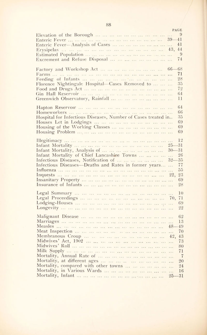 PAGE Elevation of the Borough 9 Enteric Fever 39—41 Enteric Fever—Analysis of Cases 41 Erysipelas 43, 44 Estimated Population 9 Excrement and Refuse Disposal 74 Factory and Workshop Act 66—68 4arms 71 h>.eding of Infants 28 Florence Nightingale Hospital-—Cases Removed to 35 Food and Drugs Act 72 Gin Hall Reservoir 64 Greenwich Observatory, Rainfall 11 Hapton Reservoir 64 Homeworkers 66 Hospital for Infectious Diseases, Number of Cases treated in.. 35 Houses Let in Lodgings 69 Housing of the Working Classes 69 blousing Problem 69 Illegitimacy 12 Infant Mortality 25—31 Infant Mortality, Analysis of 30—31 Infant Mortality of Chief Lancashire Towns 26 Infectious Diseases, Notification of 32-—35 Infectious Diseases—Deaths and Rates in former years 77 Influenza 55 Inquests 22, 23 Insanitary Property 69 Insurance of Infants 28 Legal Summary 10 Legal Proceedings 70, 71 Lodging-Houses 69 Longevity 22 Malignant Disease 62 Marriages 13 Measles 48—49 Meat Inspection 70 Membranous Croup 42, 43 Midwives’ Act, 1902 73 Midwives’ Roll 80 Milk Supply 71 Mortality, Annual Rate of 7 Mortality, at different ages 20 Mortality, compared with other towns 24 Mortality, in Various Wards 16 Mortality, Infant ... 25—31