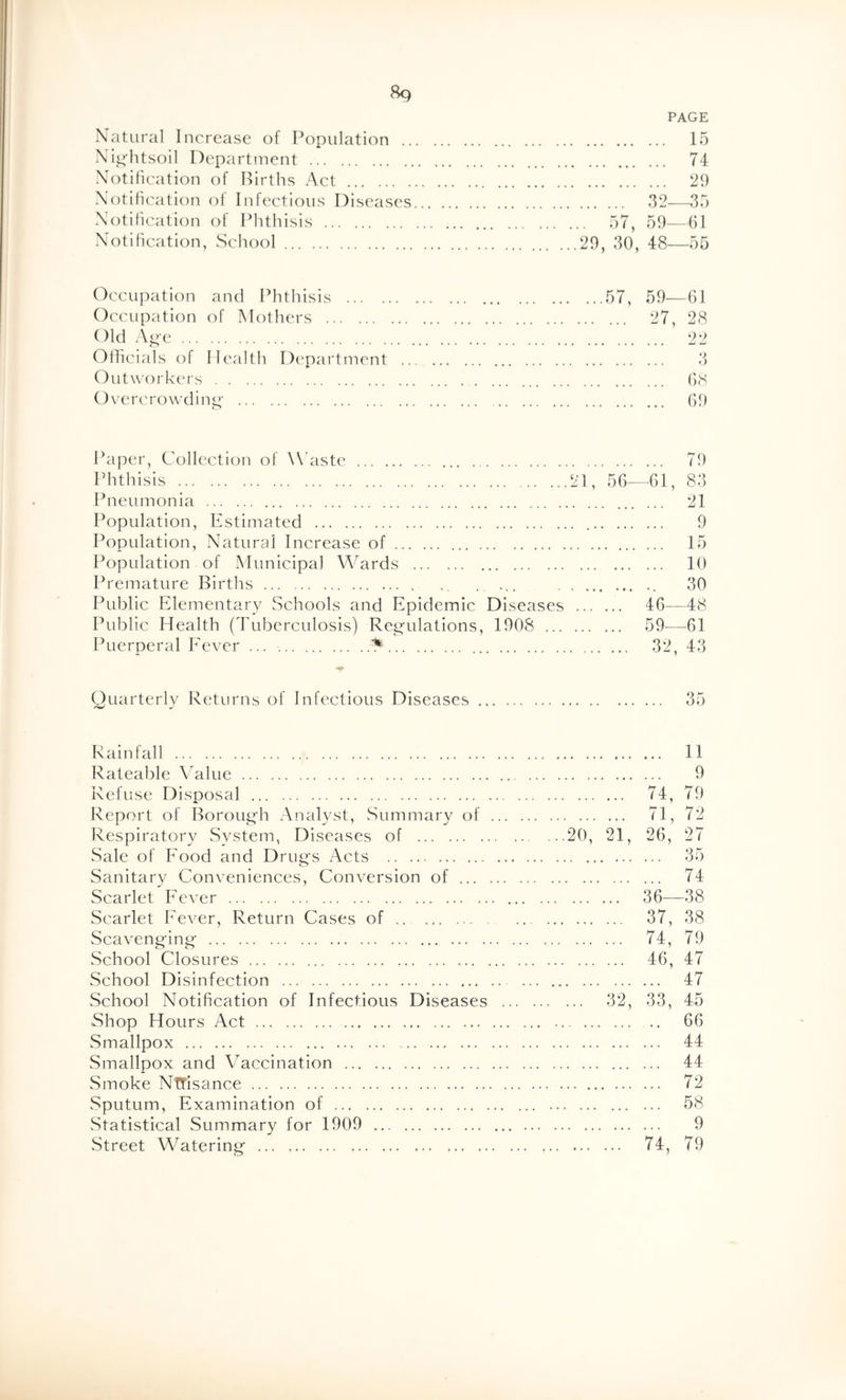 PAGE Natural Increase of Population 15 Nii^htsoil Department 74 Notification of Births Act 29 Notification of Infectious Diseases 32—^35 Notification of Phthisis 57, 59—61 Notihcation, School 29, 30, 48—^55 Occupation and Phthisis 57, 59—61 Occupation of Mothers 27, 28 Old A^’-e 22 Officials of Health Department 3 Outworkers 68 Overcrowding- 69 Paper, Collection of Wkistc 79 Phthisis 21, 56—^61, 83 Pneumonia 21 Population, Estimated 9 Population, Natural Increase of 15 Population of IMunicipal A'Vards 10 Premature Births ..... 30 Public Elementary Schools and Epidemic Diseases 46—48 Public Health (Tuberculosis) Regulations, 1908 59—61 Puerperal Fever ... ^ 32, 43 Quarterly Returns of Infectious Diseases 35 Rainfall Rateable Value Refuse Disposal Report of Borough Analyst, Summary of Respiratory System, Diseases of Sale of Food and Drugs Acts Sanitary Conveniences, Conversion of ... Scarlet Fever Scarlet Fever, Return Cases of Scavenging School Closures School Disinfection School Notification of Infectious Diseases Shop Hours Act Smallpox Smallpox and Vaccination Smoke NTfisance Sputum, Examination of Statistical Summary for 1909 Street Watering 11 9 74, 79 71, 72 20, 21, 26, 27 35 74 36—38 37, 74, 46, 32, 33, 38 79 47 47 45 66 44 44 72 58 9 74, 79 f • •