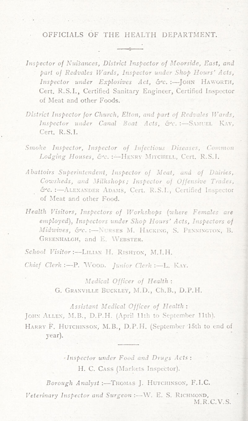 OFFICIALS OF THE HEALTH DEPARTMENT. Jiispector of Nuisances, District Inspector of Moorside, East, and part of Redvales Wards, hispecior under Shop Hours' Acts, Inspector under Explosives Act, 6^c. :—^John Haworth, Cert. R.S.L, Certified Sanitary Engineer, Certified Inspector of Meat and other Foods. District Inspector jor Church, Elton, and part of Redvales Wards, Inspector under Canal Boat Acts, &^c. :—SA^^l■EL Kay, Cert. R.S.L Smoke Inspector, Inspector of Infectious Diseases, Common Lodging Houses, C'-’c. Henry Mitchell, Cert. R.S.L Abattoirs Supermtendent, Inspector of Meat, and of Dairies, Cosesheds, and Milkshops; Inspector oj Offensive Trades, cs^c. :—Alexander Adams, Cert. R.S.L, Certified Inspector of Meat and other Food. Health Visitors, Inspectors of Workshops (where Females are employed), Inspectors under Shop Hours' Acts, Inspectors of Midwives, &-'c. :—Nurses M. Hacking, .S. Pennington, B. Greenhalgh, and E. Webster. School Visitor:—Lilian H. Rishton, M.I.H. Chief Clerk :—P. AVood. Junior Clerk L. Kay. Medical Officer of Health : G. Granville Buckley, M.D., Ch.B., D.P. H. Assistant Medical Officer of Health : John .Allen, M.B., D.P.H. (.April 11th to September 11th). Harry F. Hutchinson, M.B., D.P.H. (September 15th to end of year). 'Inspector under Food and Drugs Acts : H. C. Cass (Markets Inspector). Borough Analyst :—Tho.mas J. Hutchinson, F.I.C. Veterinary Inspector and Surgeoii :—W. E. S. Richmo.nd, M.R.C.V.S.