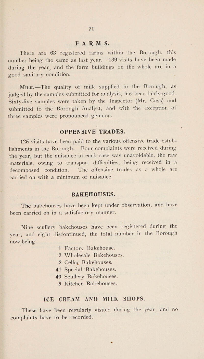 FARMS. There are 63 registered farms within the Borough, this number being the same as last year. 139 visits have been made during the year, and the farm buildings on the whole are in a good sanitary condition. Milk.—The quality of milk supplied in the Borough, as judged by the samples submitted for analysis, has been fairly good. Sixty-five samples were taken by the Inspector (Mr. Cass) and submitted to the Borough Analyst, and with the exception of three samples were pronounced genuine. OFFENSIVE TRADES. 125 visits have been paid to the various offensive trade estab- lishments in the Borough. Four complaints were received during the year, but the nuisance in each case was unavoidable, the raw materials, owing to transport difficulties, being received in a decomposed condition. The offensive trades as a whole are carried on with a minimum of nuisance. BAKEHOUSES. The bakehouses have been kept under observation, and have been carried on in a satisfactory manner. Nine scullery bakehouses have been registered during the year, and eight discontinued, the total number in the Borough now being 1 Factory Bakehouse. 2 Wholesale Bakehouses. 2 Cellar Bakehouses. 41 Special Bakehouses. 40 Scullery Bakehouses. 5 Kitchen Bakehouses. ICE CREAM AND MILK SHOPS. f These have been regularly visited during the year, and no complaints have to be recorded.